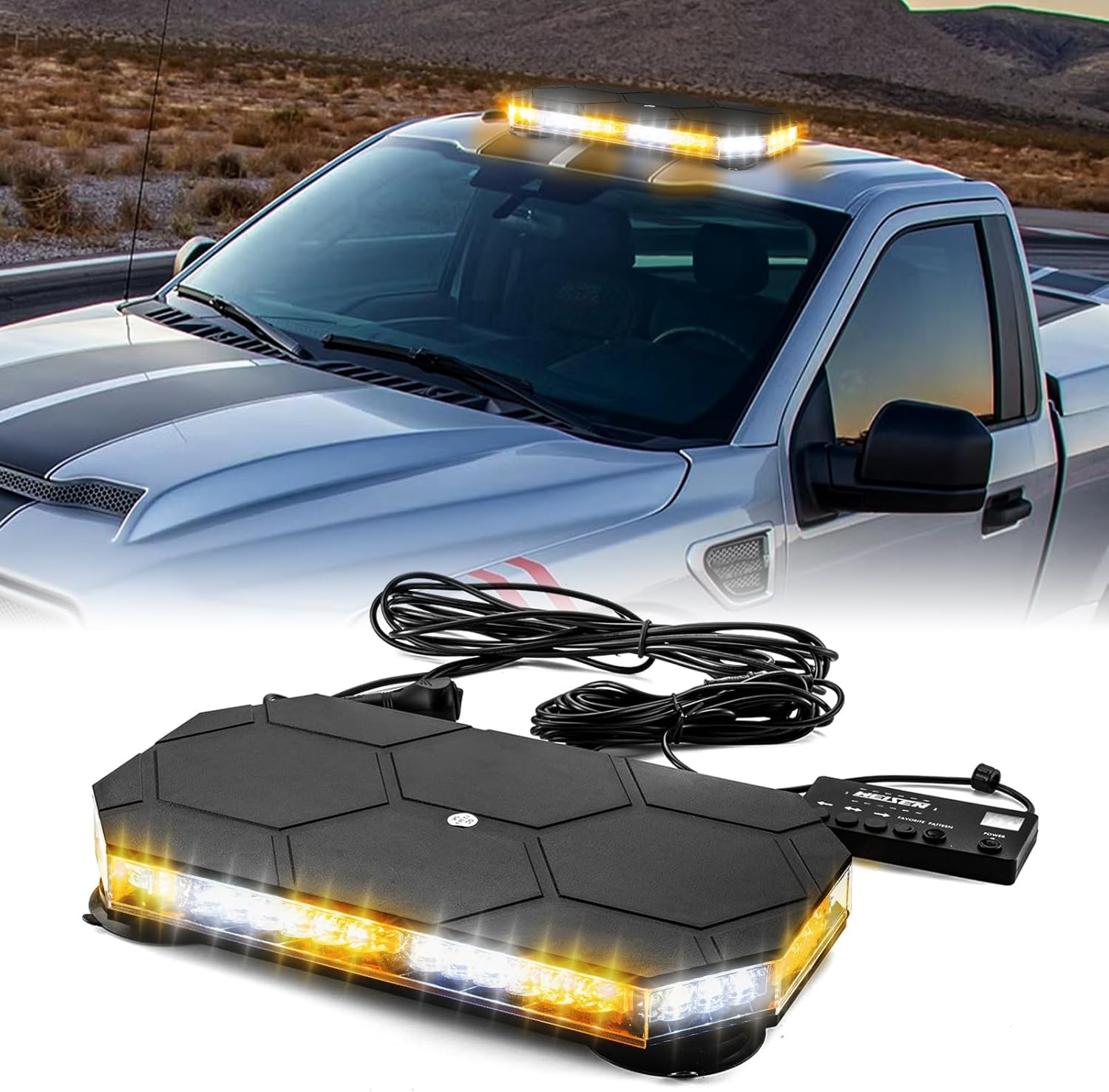 WeiSen 16 Inch Rooftop Emergency Strobe Light with Control Panel, 42 LED Strobe Flashing Lights Beacon Lights for Tow Trucks SUV Pickup Construction Vehicles (Amber/White)