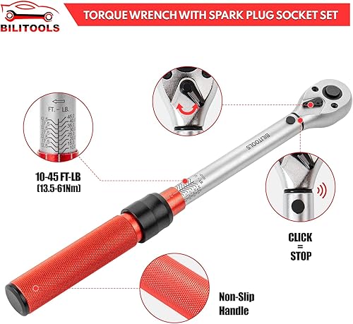 Miniatura 6 de BILITOOLS Juego de llaves de bujía de 9 piezas con llave dinamométrica de clic de 38 pulgadas, 10-45 pies-libras (13.5-61 Nm), acero Cr-V