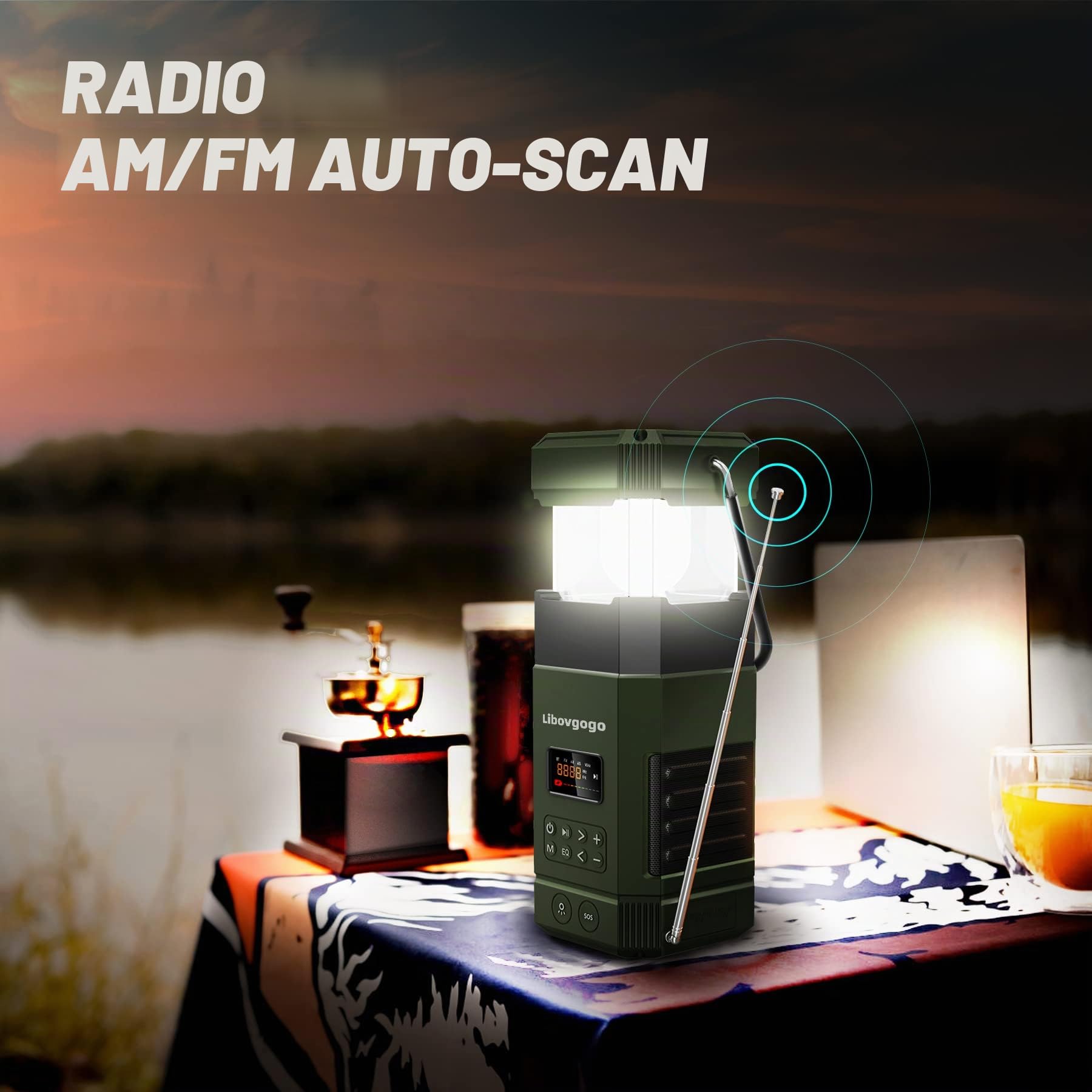 libovgogo Radio de emergencia con manivela, lámpara de camping Radio AM FM, péndulo LED, linterna con pilas, lámpara de camping, linterna solar al aire libre con altavoz bluetooth