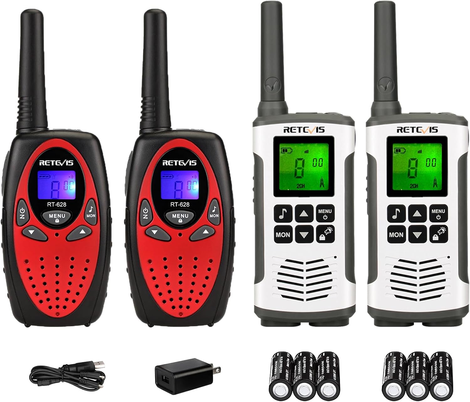 Retevis RT628 Walkie Talkies for Kids,Kids Gifts for Aged 6-12 Bundle with RT45 Long Range 2 Way Radio,NOAA Flashlight with AA NIMH Battery for Family Outdoor Camping Trip Hiking (4 Pack)