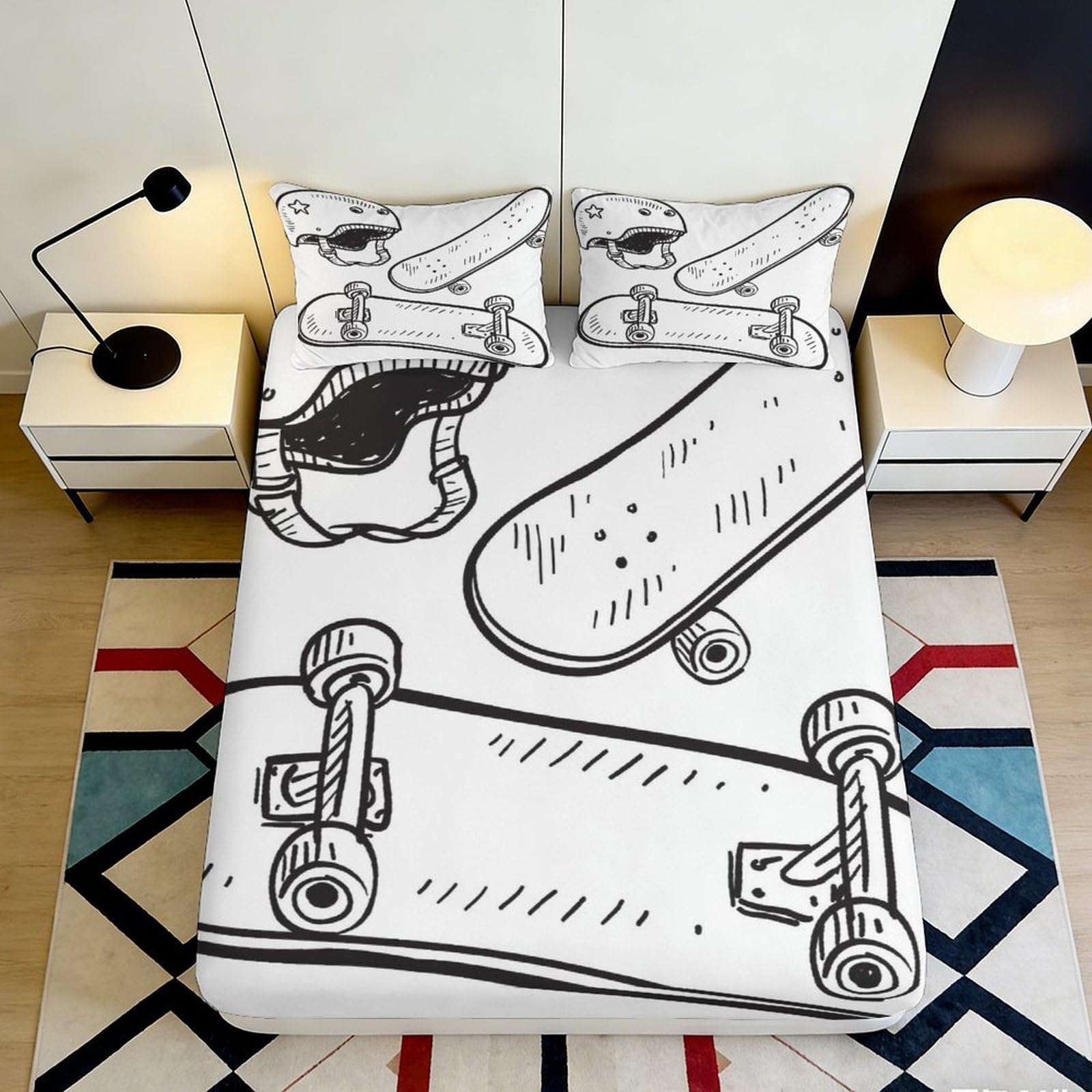 3D Printed Skateboard Graffiti Fitted Sheet Microfiber Black White Cartoon Bed Cover Anti-Slip for Bedroom Dorm Mattress Protection Decor 160x200x25cm