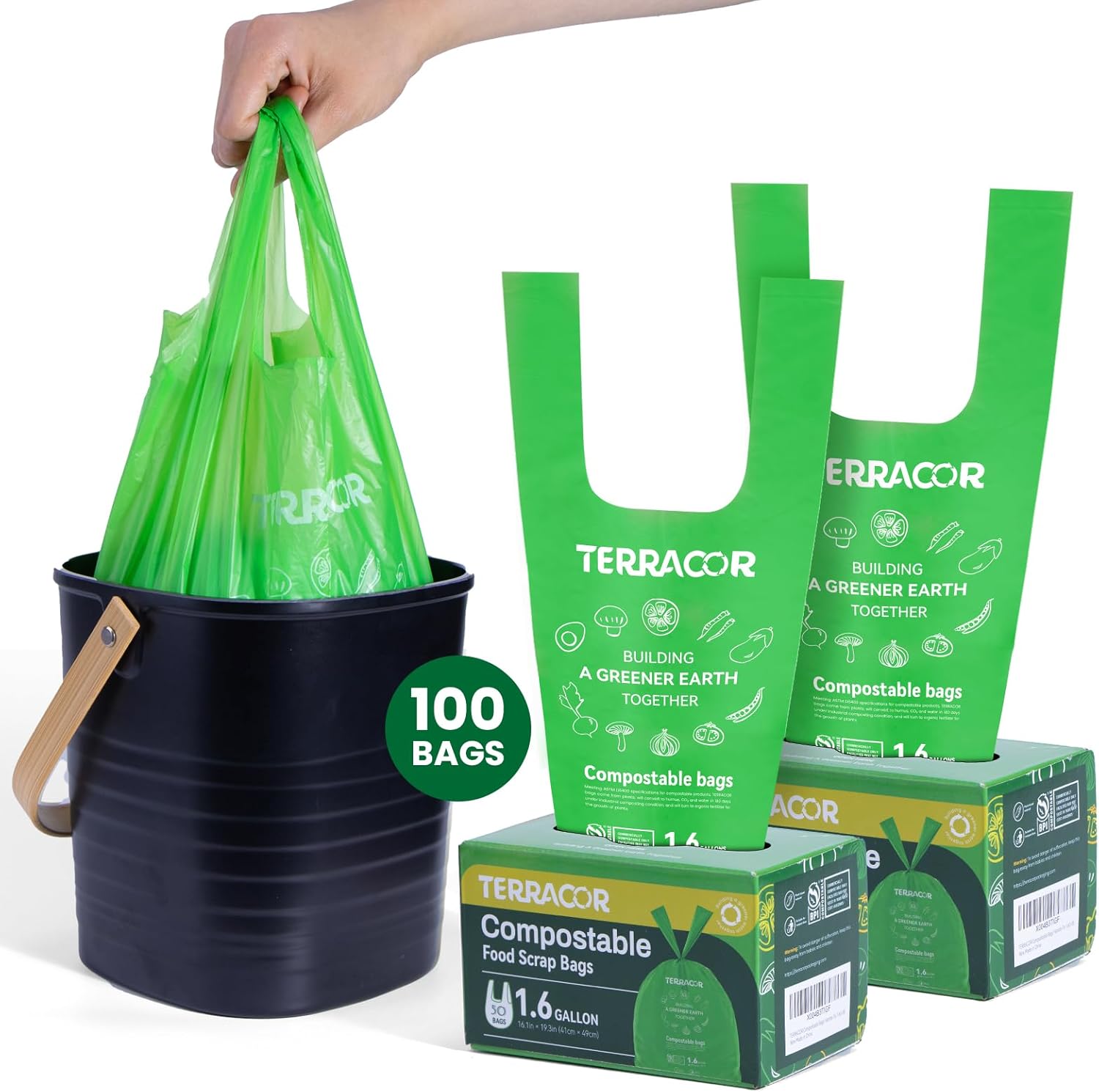 1.6 Gallon Compostable Food Scrap Bags Handle Tie for Kitchen Countertop Bin, 6 Liter Small Compost Bags, 100 Count (Pack of 2), BPI Certified and Meet The ASTM D6400 Standard