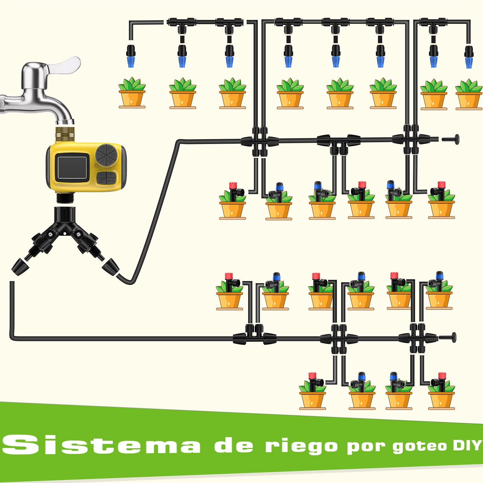 Kit Riego por Goteo con Programador Riego, 25M+25M Sistema de Riego por Goteo Accesorios Riego Goteo con Ajustable Boquilla Aspersor Pulverizador y Gotero Riego Automático para Jardín