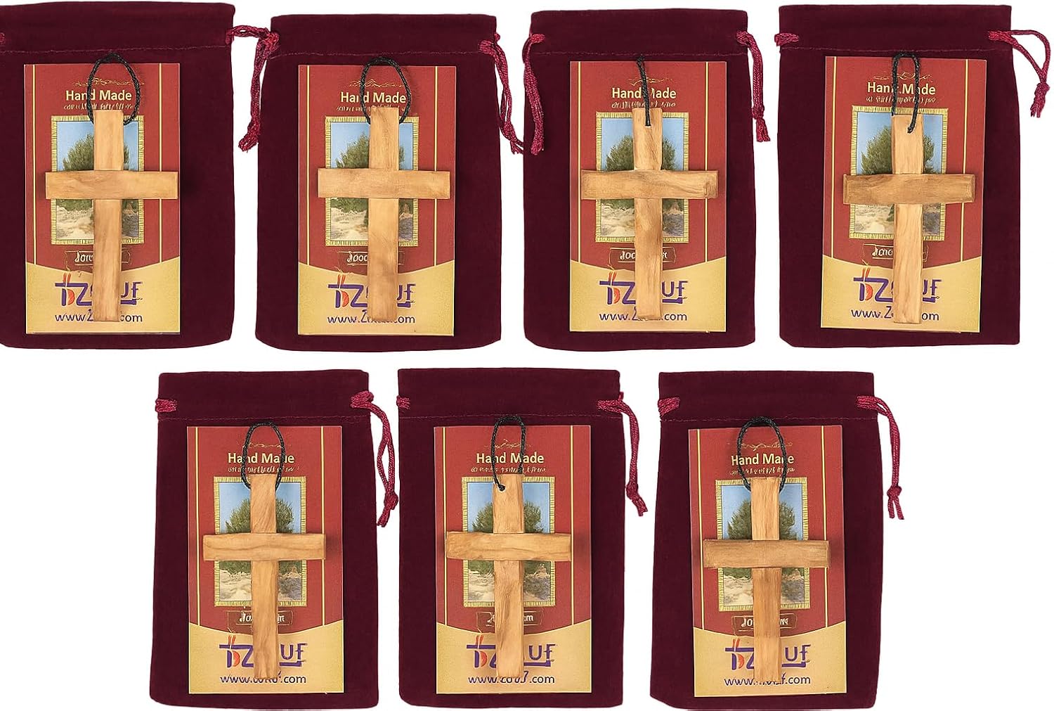 Zuluf 3.1" Wooden Cross Necklace Set of 10 – bulk Olive Wood Pendants from Bethlehem for Car Mirror, Church, Crafts, Christian Gifts – PEN234C