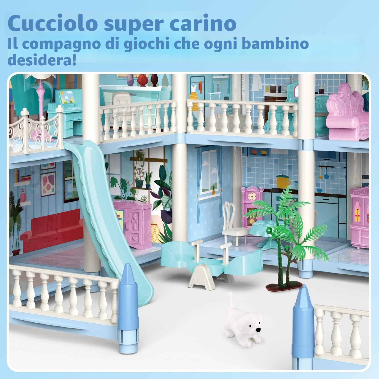 deAO Casa delle Bambole a 3 Piani con 6 Stanze, Set di Gioco Casa delle Bambole, Casa in Miniatura con Mobili e Scivoli, Scale, Recinzioni, Cagnolino e Bambole, Ottimo Regalo per Bambini