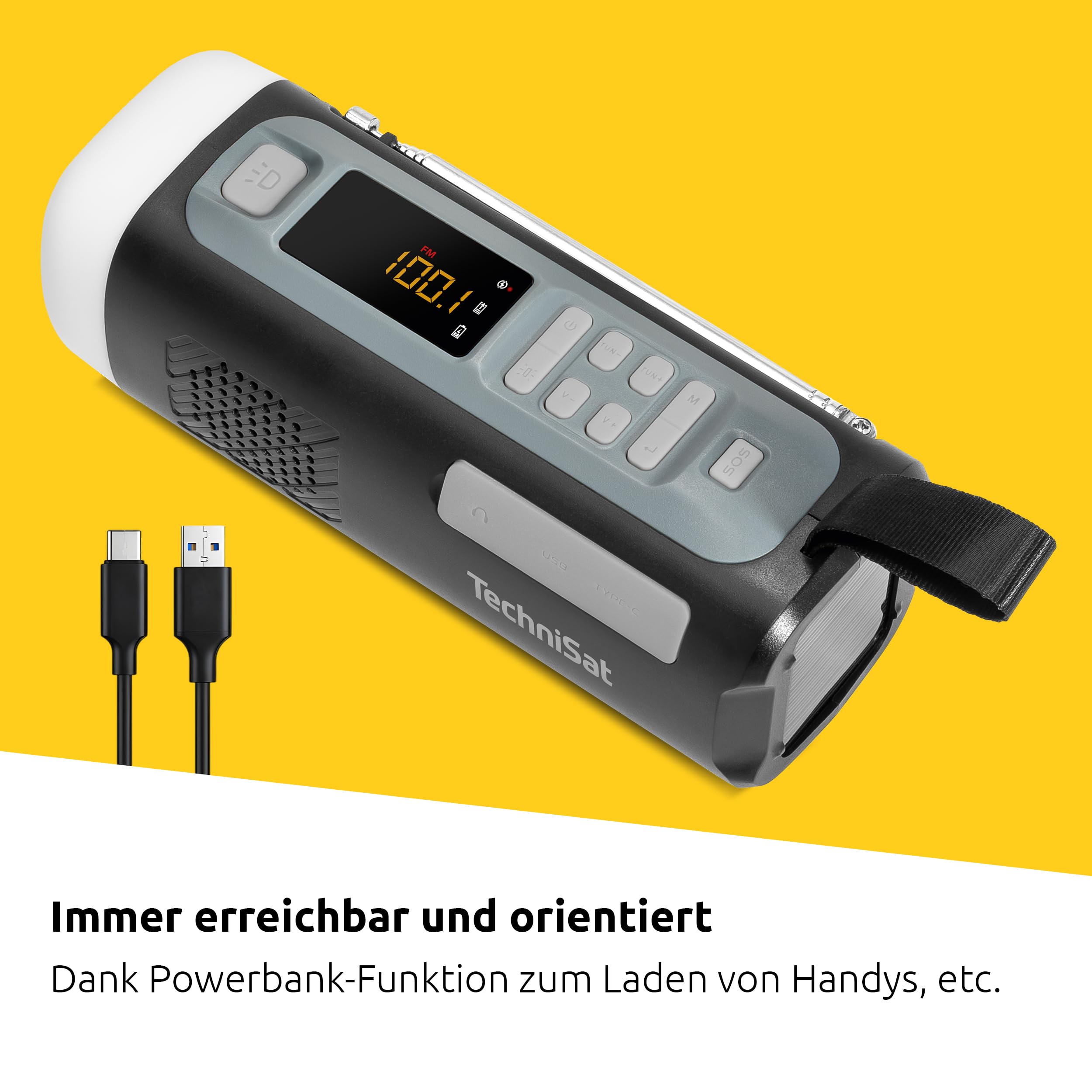 TechniSat Viola Kurbelradio – Notfallradio mit Solar und Kurbel, 4500 mAh Akku, UKW/FM, Bluetooth, Lautsprecher, LED Taschenlampe, SOS Alarm, Powerbankfunktion, mit USB, Blackout, Notfallausrüstung