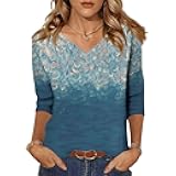 UOFOCO Crew Neck 3/4 Length Sleeve Womens Tops 2024 Summer Casual Plus Size Clothing (Fancy Vintage Printed Solid Color)