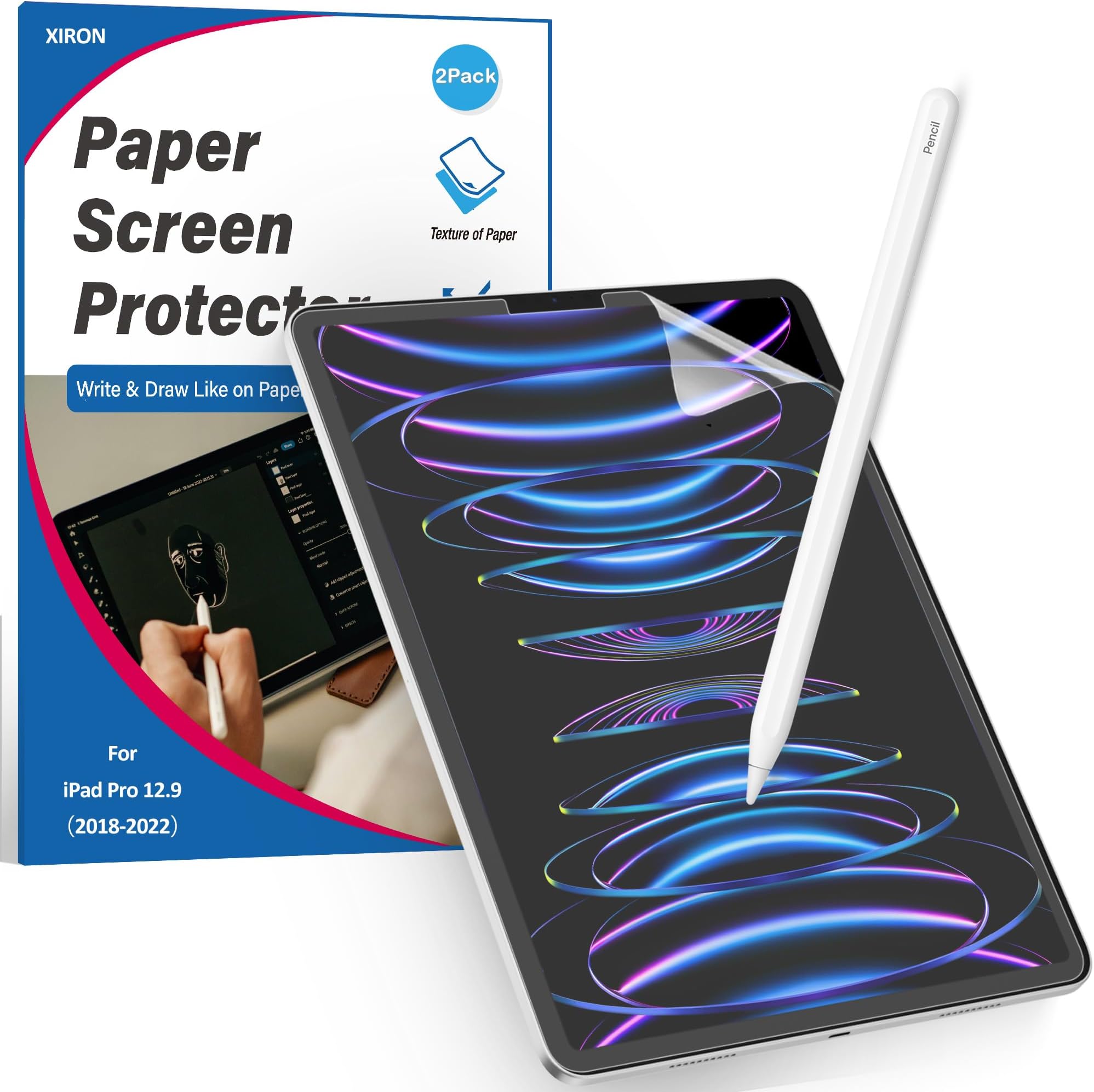 XIRON [2 PACK] Paper Screen Protector Compatible with iPad Pro 12.9 (2022&2021&2020&2018), High Touch Sensitivity No Glare for iPad Pro 12.9 Matte Screen Protector, Compatible with Apple Pencil