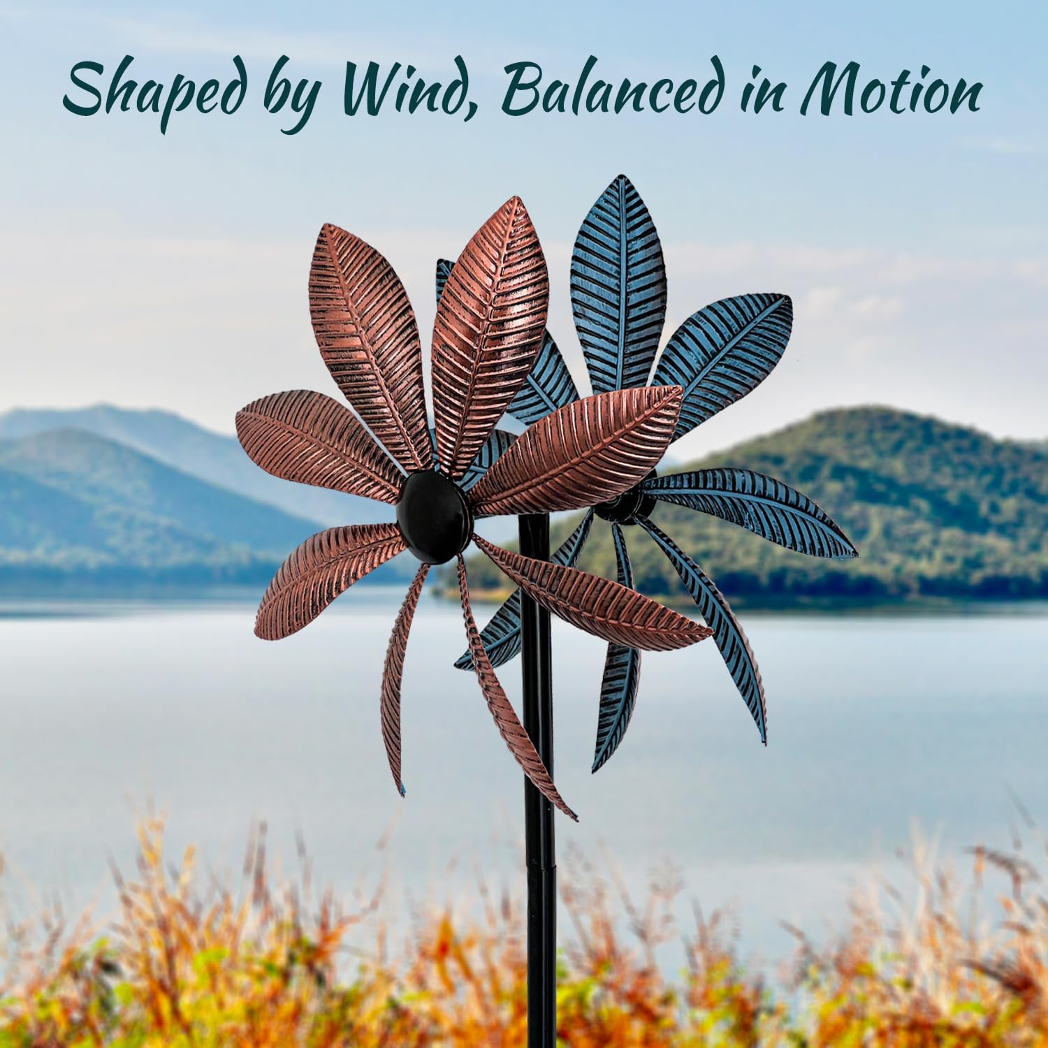 Wind Spinners Outdoor Metal, Double-Sided 360° Kinetic Wind Spinner with Stake, Metal Garden Yard Windmill Decor (13.4" Dia, 57" H) (Copper Leaf)
