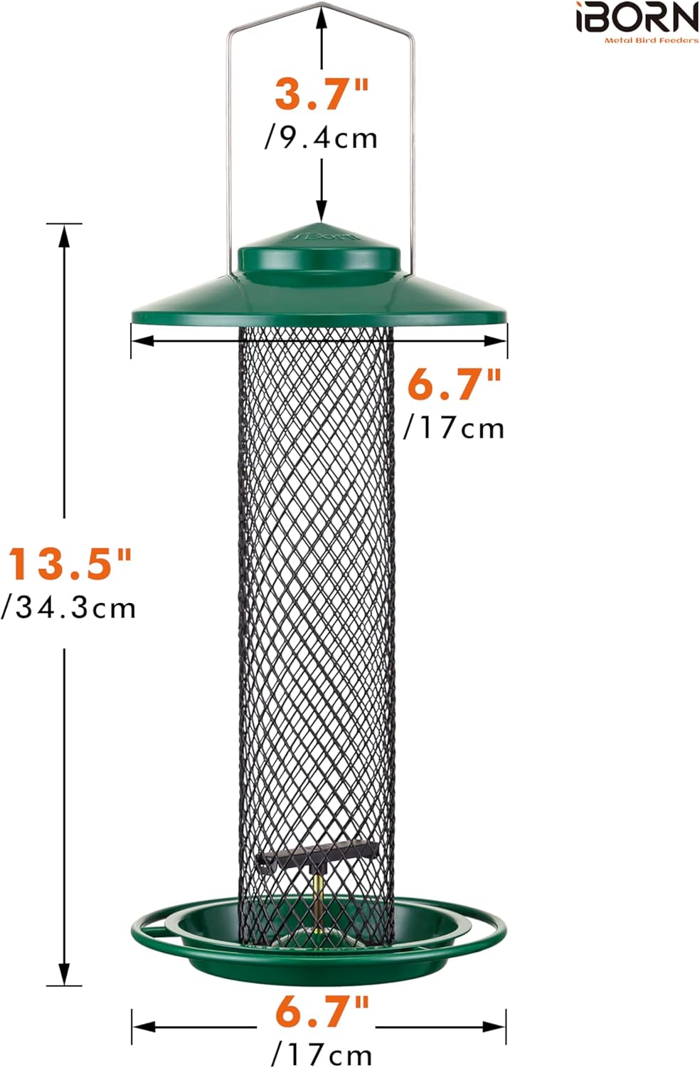 iBorn Peanut Bird Feeder,Sunflower Seed Feeder,13.5 Inch Metal Mesh Tube Bird Feeders for Outdoors Hanging,Squirrel Proof Birdfeeders for Peanut with 17cm Weatherproof Roof & Tray,2 LB Capacity,Green