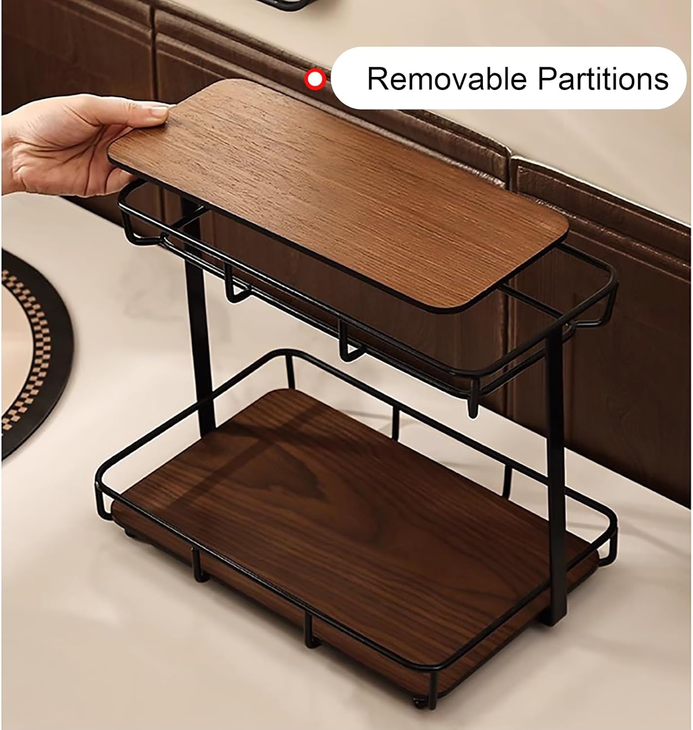 ウォールナットウッドバスルーム収納ラック、2層化粧品ディスプレイラック、ソリッドウッドシェルフ、ステンレススチールシェルフ、スキンケ