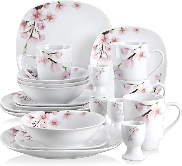 VEWEET 'Annie' 20-Piece Dinner Set Ivory White Porcelain Pink Floral Pattern Kitchen Decor Dinnerware Set Including Egg Cups/Mugs/Bowls/Dessert Plates/Dinner Plates Service for 4
