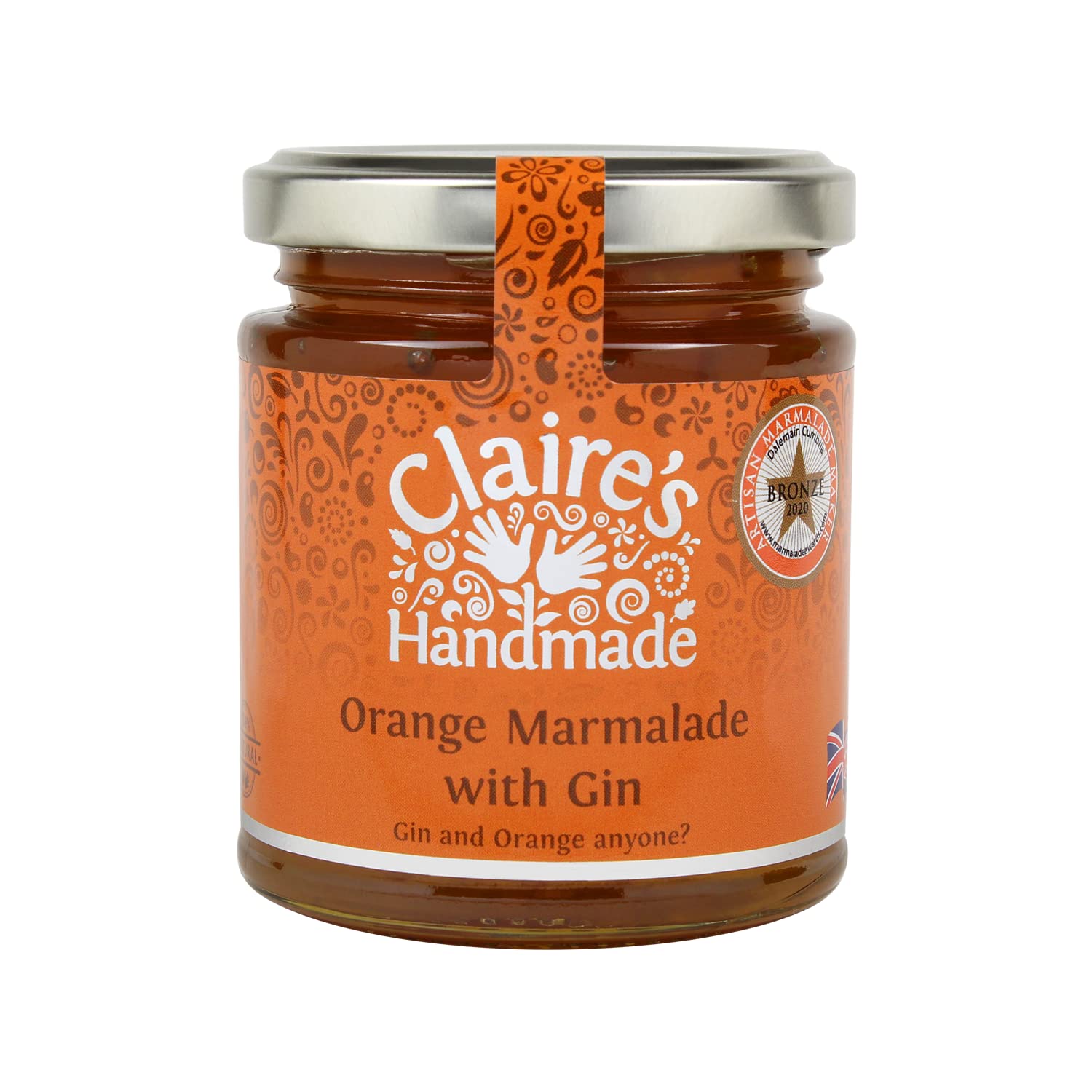 Claire's Handmade - Orange Marmalade with Gin (227g) - Award Winning Traditionally Made Warm & Zesty Breakfast Treat, Suitable for Vegetarian, Vegan & Gluten Free Diets, GMO Free
