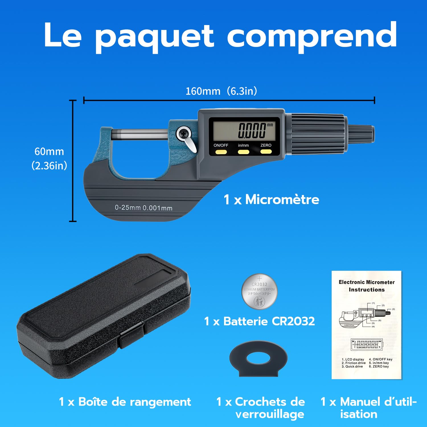 Mcbazel Micromètre Électronique LCD 0-25 mm, Micromètre Numérique Extérieur avec Affichage en Pouce/Métrique, Haute Précision 0,001 mm