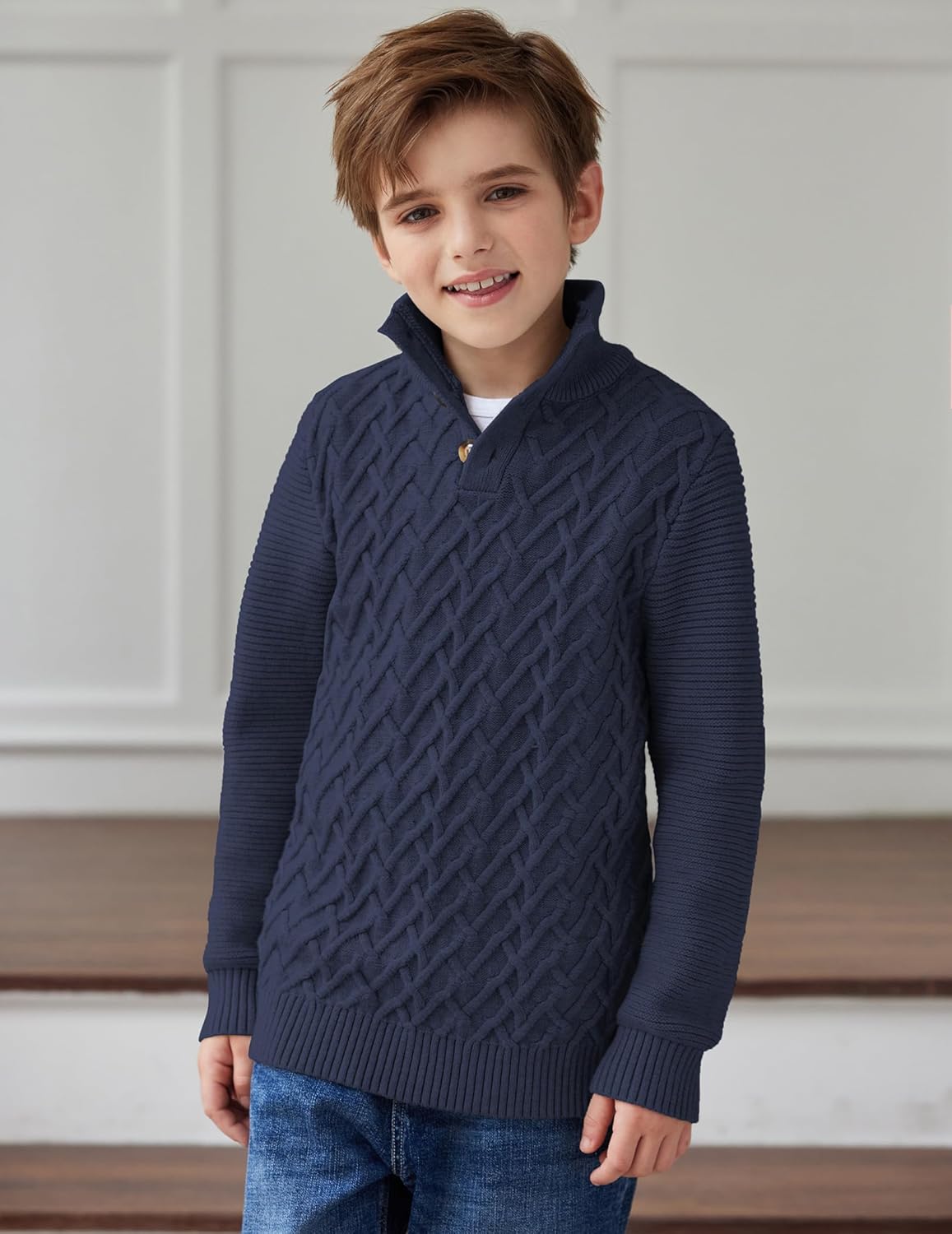 Boys Turtleneck Sweater Long Sleeve Cable Knit Button Up Pullover Winter Warm Tops for Kids 4-13 Years