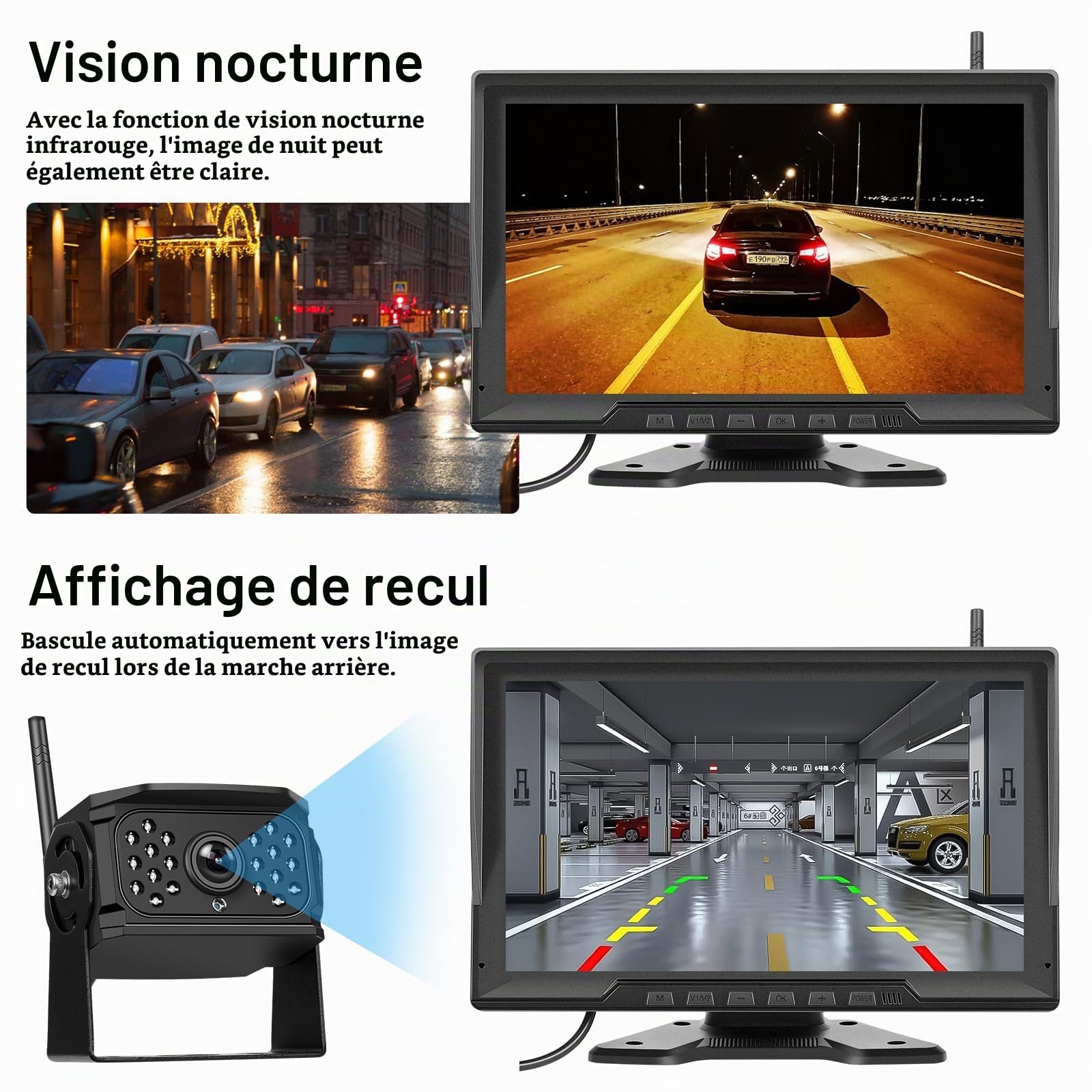 CAMECHO Kit Caméra de recul sans Fil avec écran 10.1" IPS 720P DVR +2 Caméras Étanche Vision Nocturne, Enregistrement en Boucle/Affichage Divisé 2 Vues/Inversion Image pour Véhicules Utilitaires