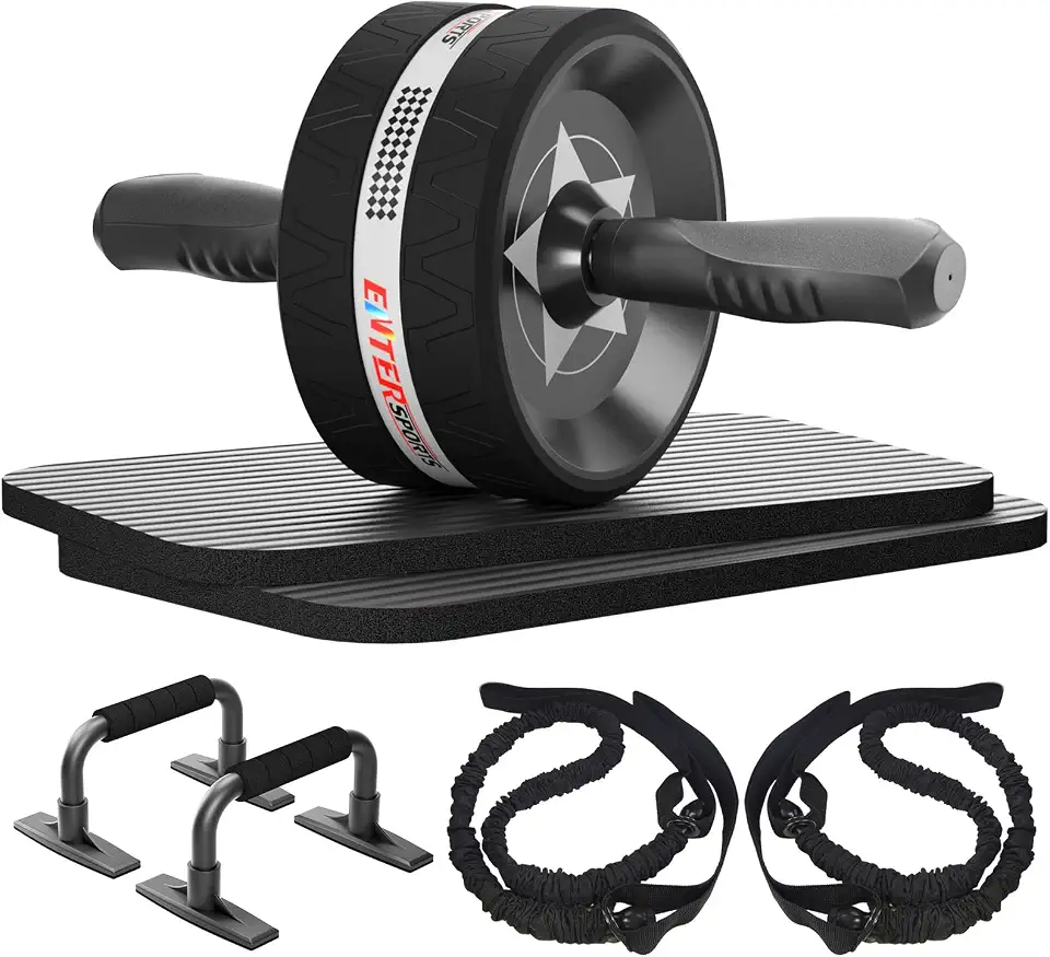 Bauchmuskeltraining im Sitzen 3 EnterSports Bauchroller, Bauchmuskeltrainer, Bauchmuskelroller mit Zwei Kniematte, Bauchrad Für Bauchmuskeltraining, Bauchtrainer für Zuhause, Geeignet für Anfänger, Fortgeschrittene und Profis