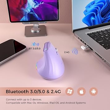 KYSONA 57 Wireless Ergonomic Mouse, Vertical Mouse, Carpal Tunnel Mouse, RGB Light, Rechargeable, Bluetooth & 2.4G, 5-level DPI Adjustment, Quiet Click Ergo Mice Compatible with PC/Laptop/Mac, Purple
