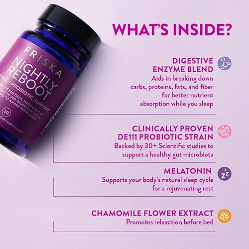 Miniatura 2 de FRISKA Nightly Reboot  Suplemento de enzimas digestivas y probióticos  Promueve una mejor digestión  Ayuda natural para dormir y descansar  30