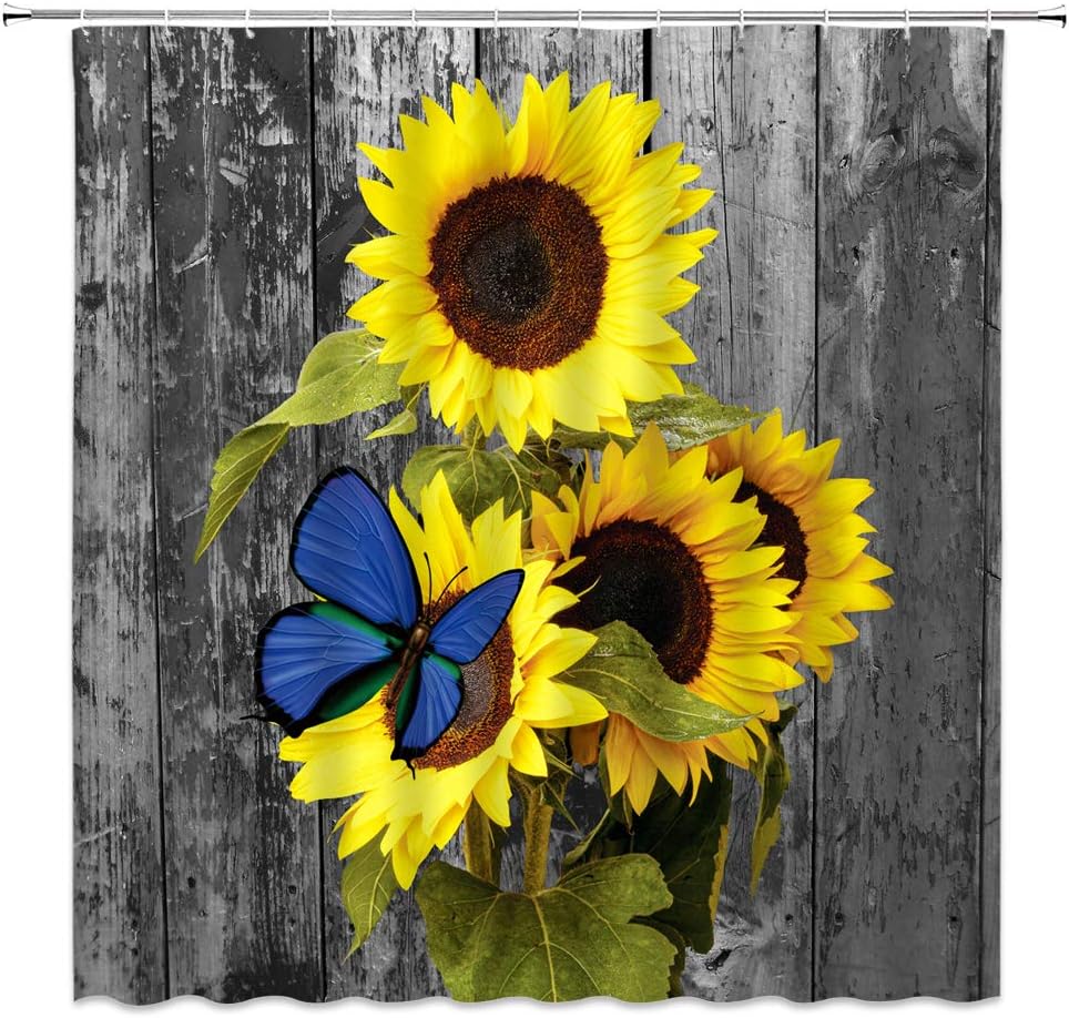 WZFashion Sunflower Shower Curtain Yellow Sunflower Butterfly on Rustic Grey Wooden Board Farm Floral Vintage Barn Door Creative Spring Retro Plant Nature Scenery Bath Curtains Fabric with Hook