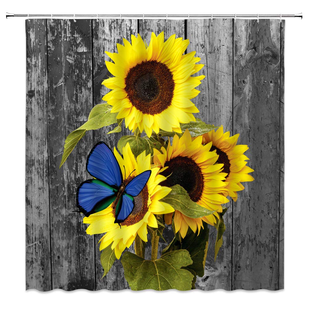 WZFashion Sunflower Shower Curtain Yellow Sunflower Butterfly on Rustic Grey Wooden Board Farm Floral Vintage Barn Door Creative Spring Retro Plant Nature Scenery Bath Curtains Fabric with Hook