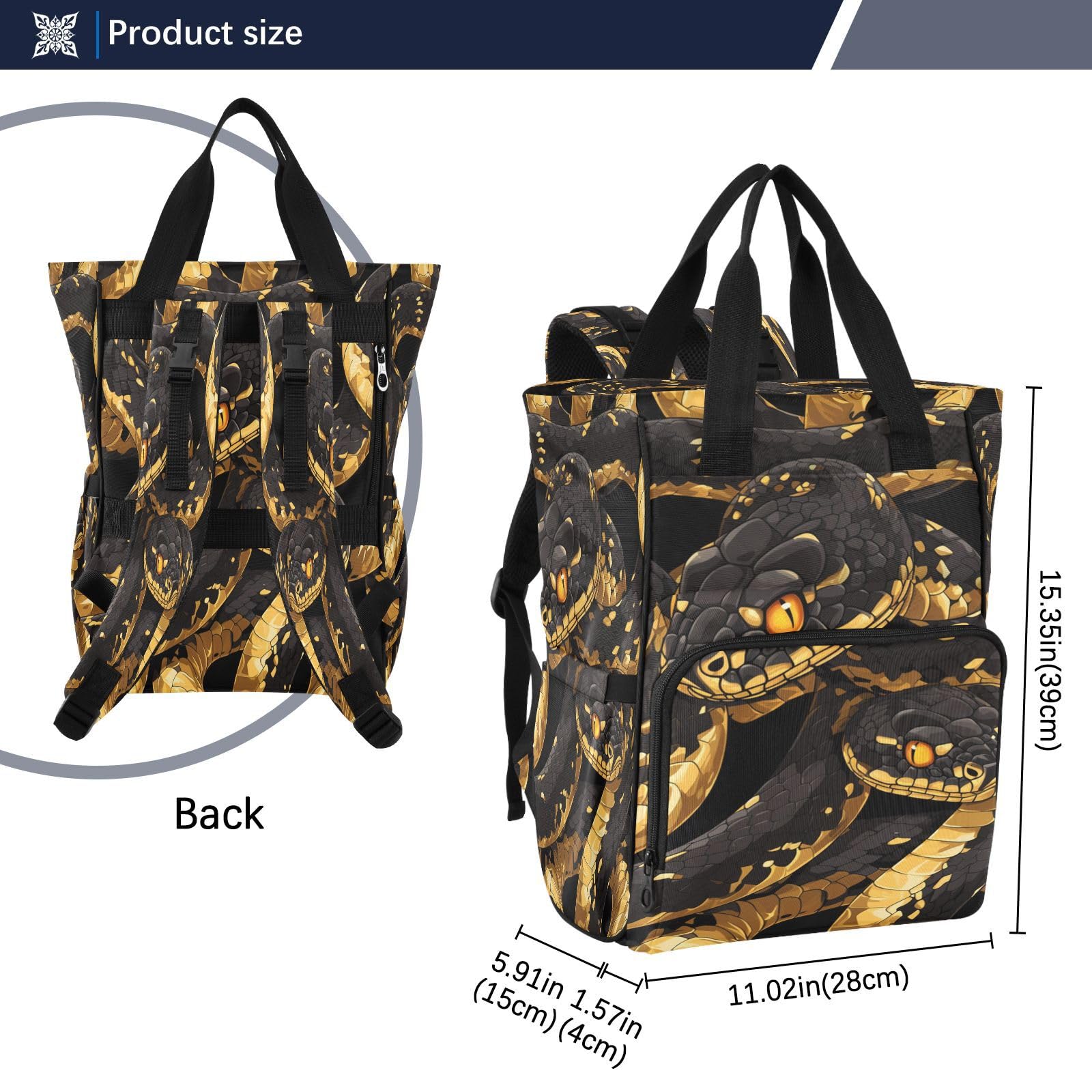 Serpiente Negra Dorada Bolsa de Pañales Mochila de Viaje Gran Capacidad Bolsas para Mamá Papá Mujeres Niñas