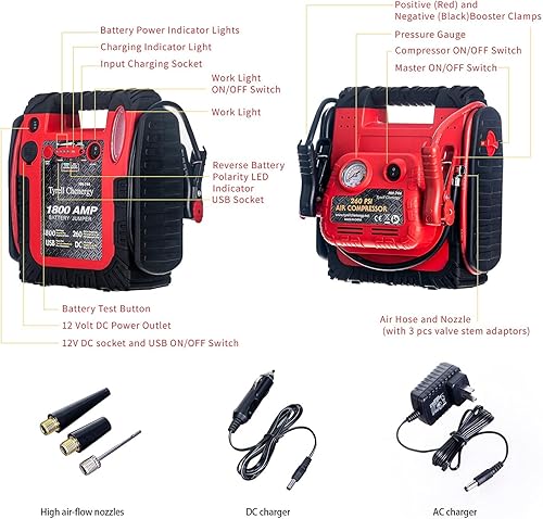 Miniatura 8 de Tyrell Chenergy - Arrancador de coche de 1200 amperios (hasta 6 L de gas o motor diésel), arrancador con compresor de aire viene con inflador de