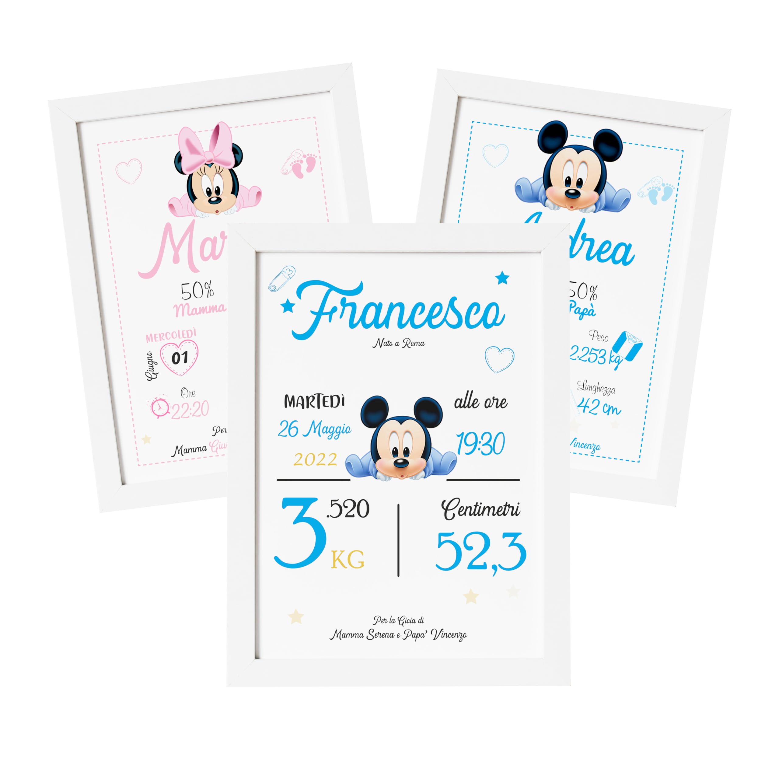 Luglio® - Quadretto Nascita, Cornice Nascita Personalizzata con i Dati del tuo Neonato o Bambino. Idea Regalo per Battesimo, Nascita. Decorazione per Cameretta. 25x20 Cm (Modello 1, Femminuccia)