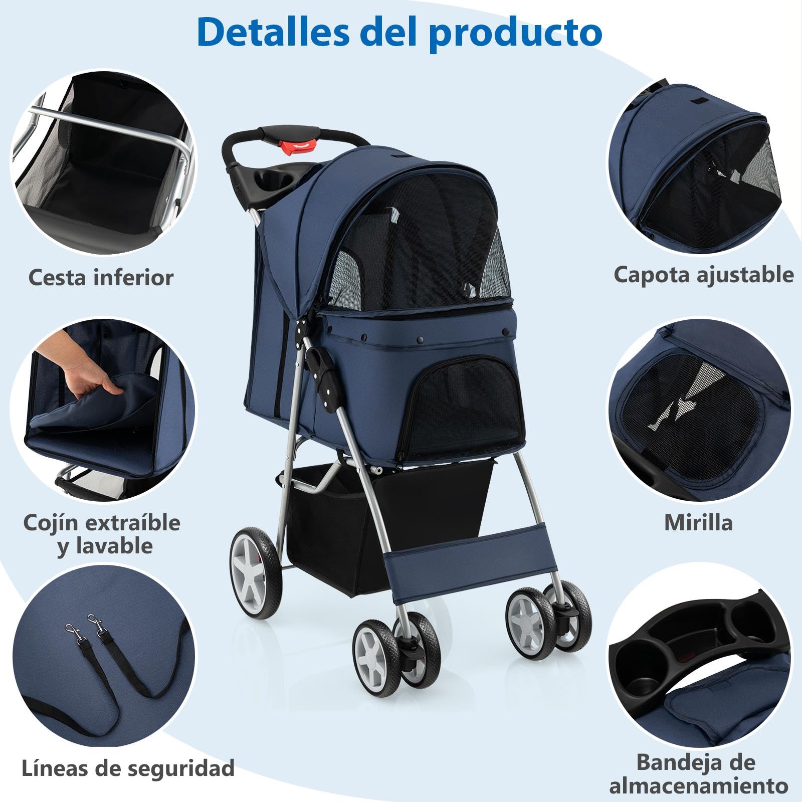 SOARS Carrito para Perros Plegable Cochecito para Perros de hasta 15 kg, Cochecito para Gatos con Ventanas de Malla, Portabebidas y Cesta de Almacenamiento, 4 Ruedas (Azul Oscuro)