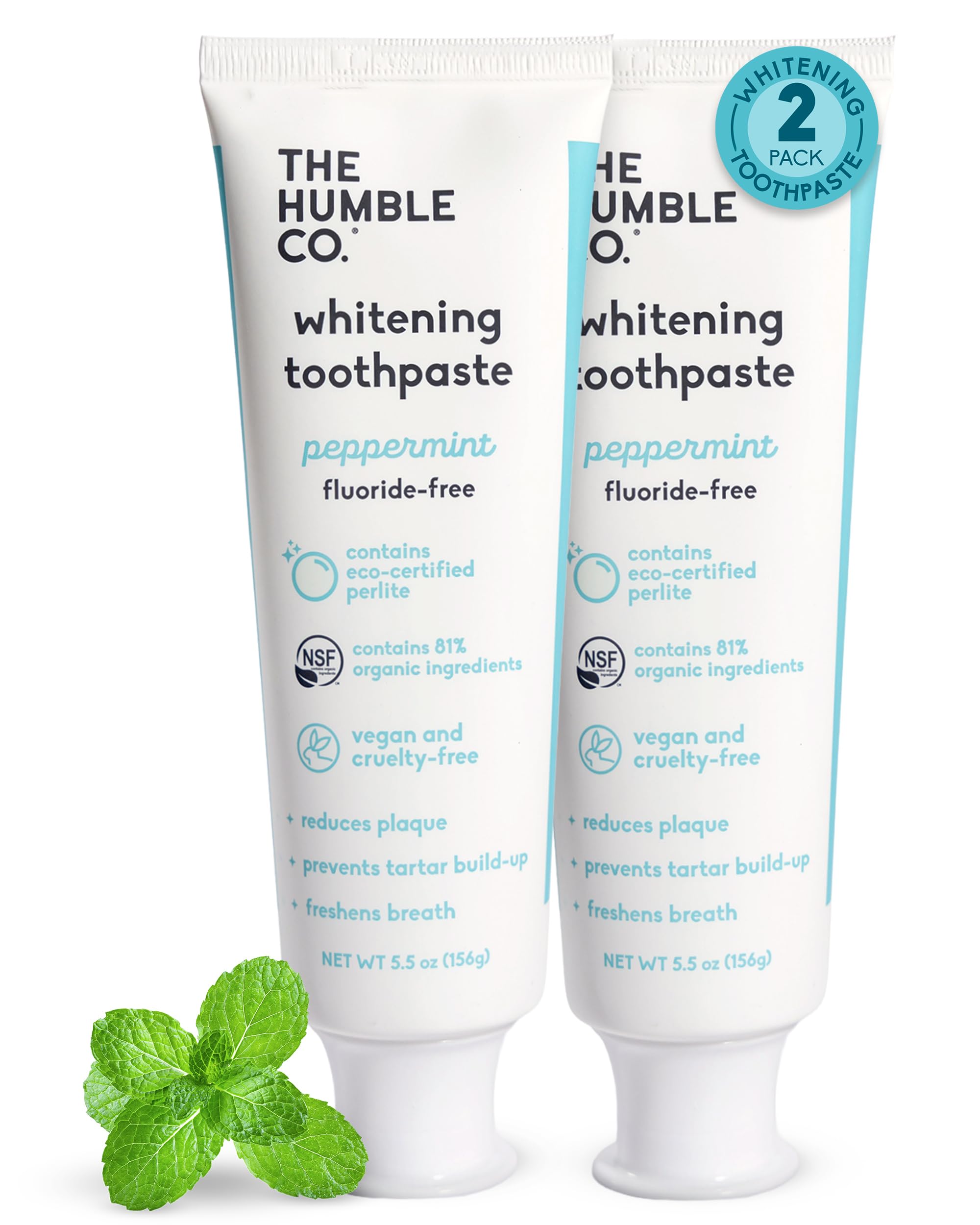 The Humble Co Fluoride-Free Teeth Whitening Toothpaste Peppermint - Natural Whitening Toothpaste with Xylitol Eco Certified Perlite for