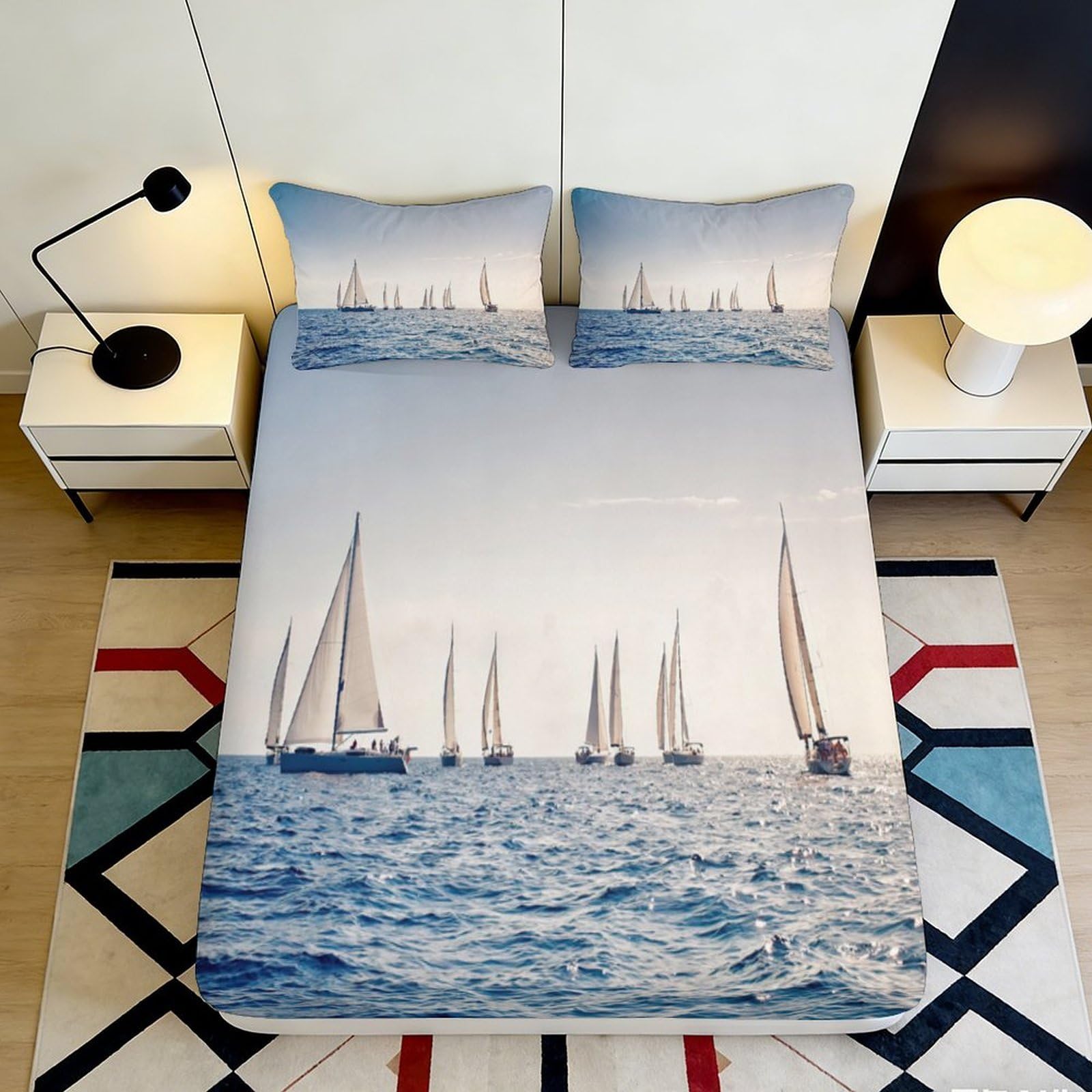 3D Printed Sailboat Regatta Fitted Sheet Microfiber Soft Nautical Ocean Mattress Cover for Bedroom Guest Room Decor 90x200x25cm
