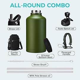 Stainless Steel Water Bottles 64oz - Insulated Half Gallon Water Jug with Straw & Chug Lid, Metal Tactical Canteen for Gym Sports Workout Hiking with Paracord Handle, Strap Carry Sleeve, Army Green