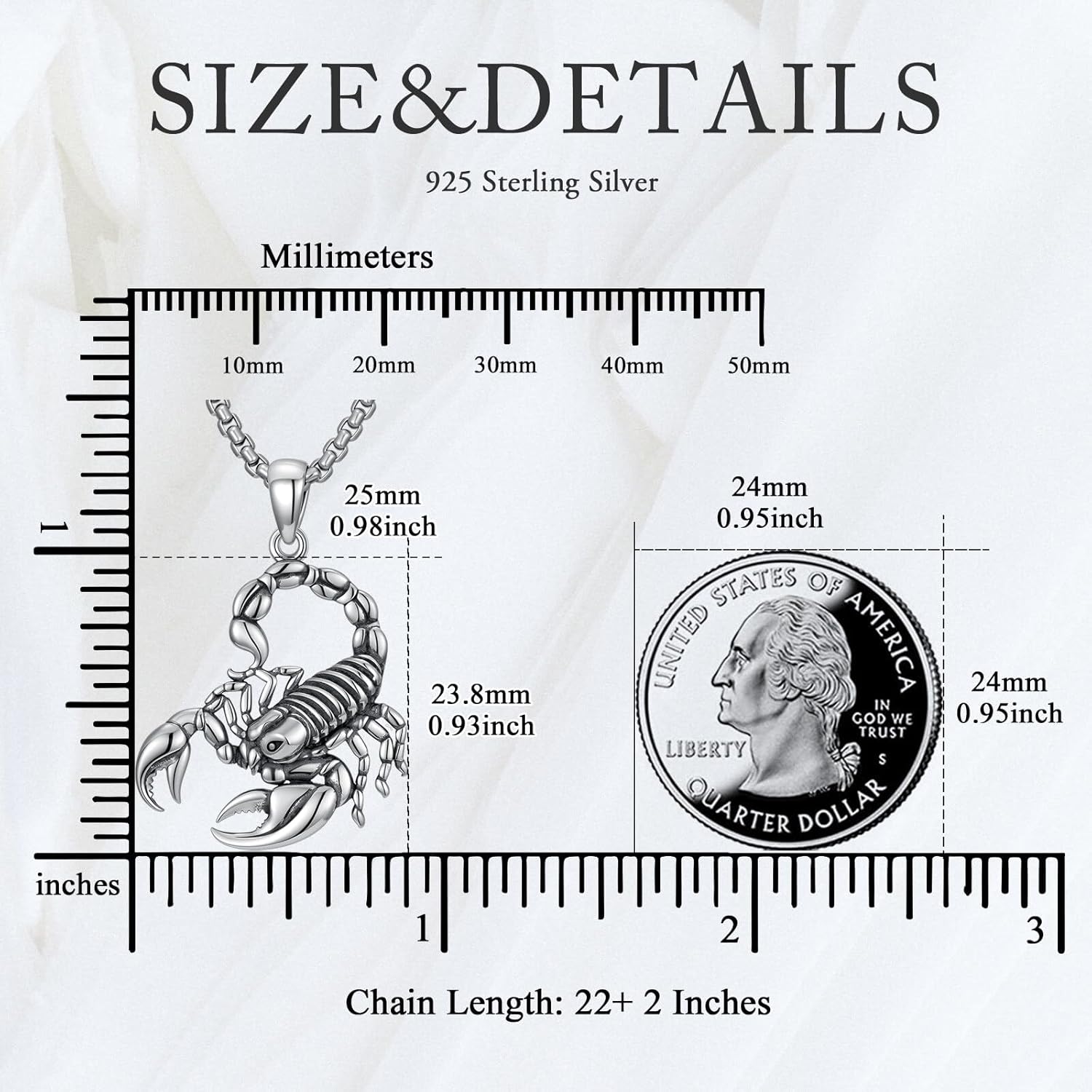 Scorpion Necklace for Men 925 Sterling Silver Cool Scorpio Pendant Necklaces Jewelry, w/Stainless Steel Chain 22’’ + 2’’ - Image 4