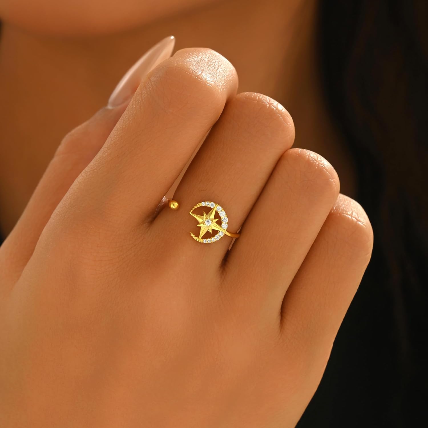 SUYACS 925 Sterling Silver Star and Moon Rings for Women 14K Gold Plated Adjustable Open Moon CZ Statement Ring Crescent Promise Finger Ring Jewish Jewelry Birthday Gifts to Daughter - Image 2