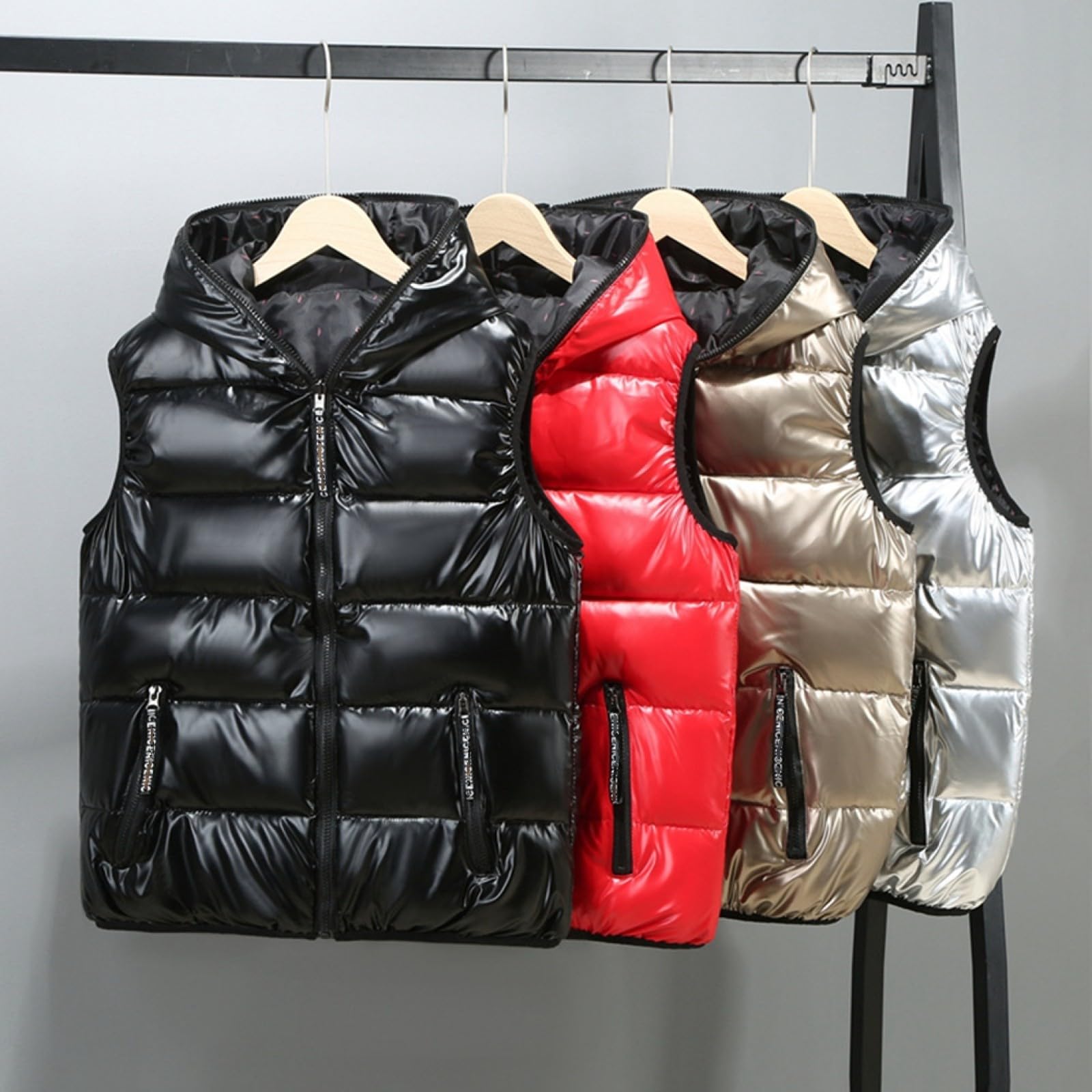 Gilet Chaud d'hiver pour Femme – Gilet en Duvet Doré Brillant pour Femme, Doudoune Épaisse sans Manches, Vêtements d'hiver Amples, Veste De Ski en Plein Air, Gilet À Capuche Coupe-Vent