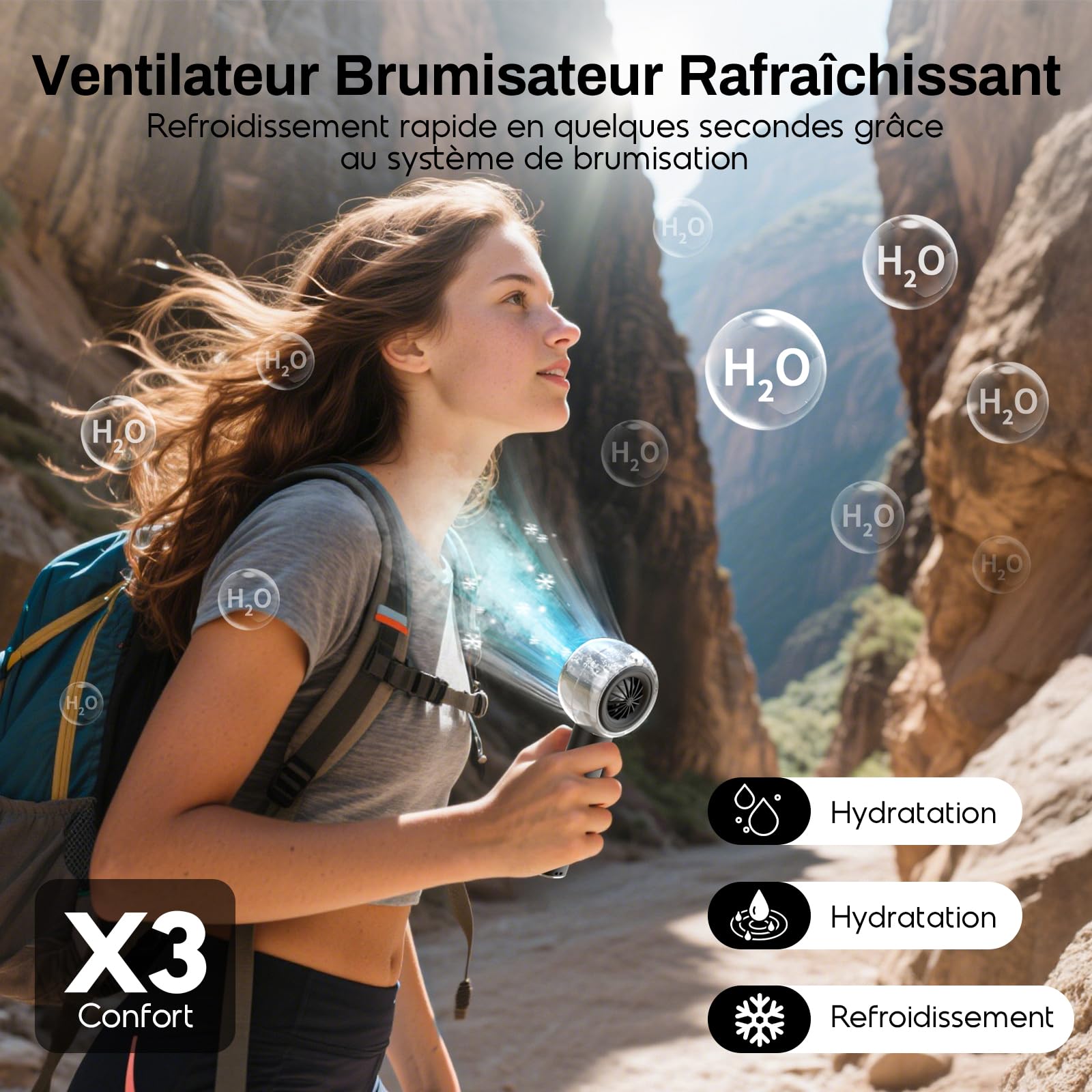 Ventilateur Brumisateur Portable à Main, Mini Ventilateur USB Puissant, Moteur Turbo, Batterie Rechargeable 6000mAh, 4 Vitesses, pour Voyage, Extérieur, Cadeau Été Femme Homme (Noir)