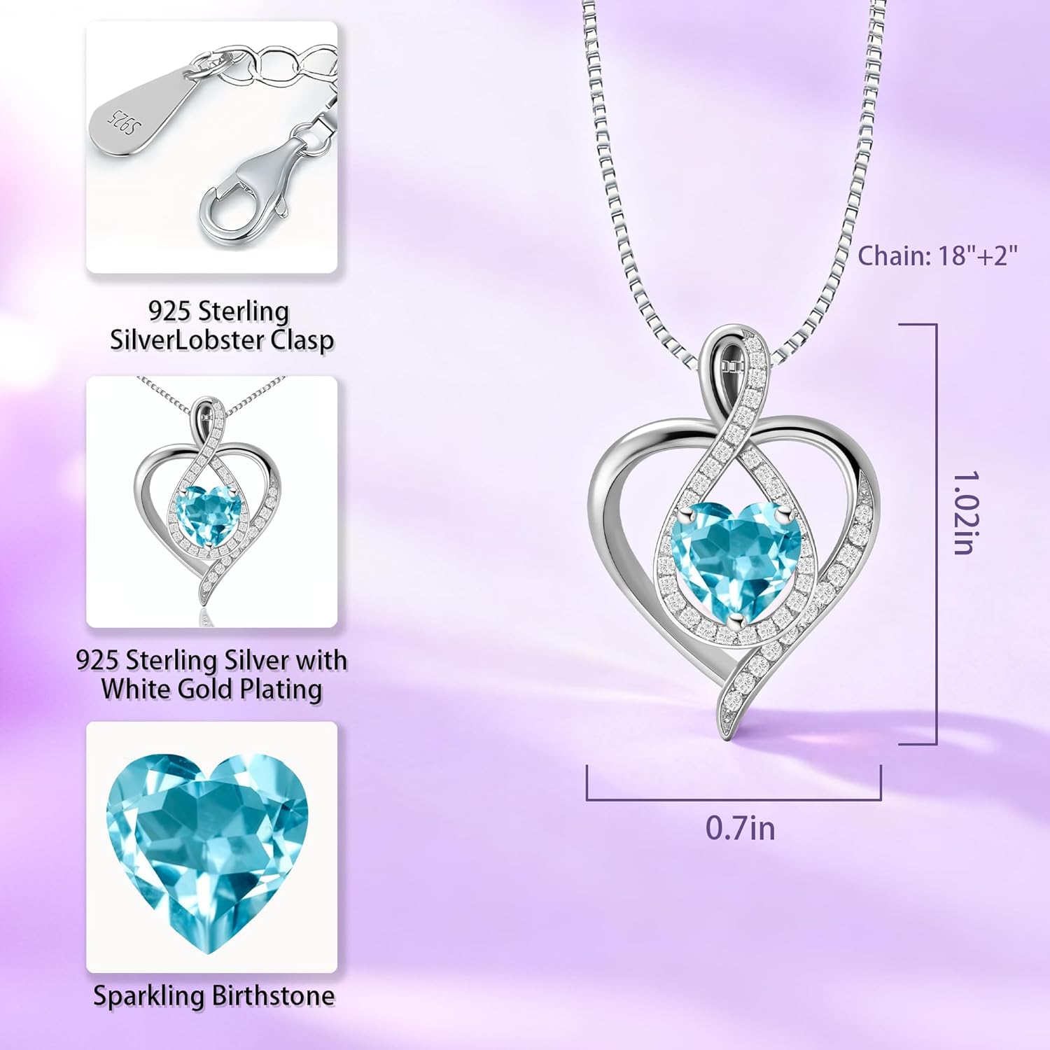 925 Sterling Elegant Heart Pendant Silver Infinity Birthstone Necklace for Women-Ideal Gift for Wedding Mothers Day Anniversary Valentine's Day/Birthday​ Girlfriend Mom Wife