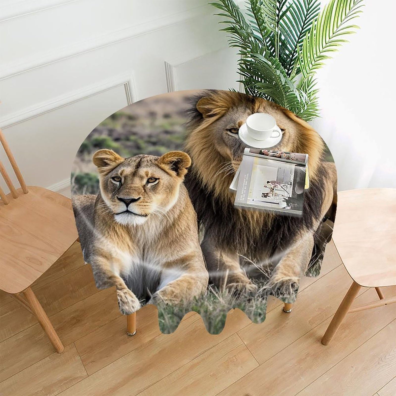 FekiLoot African Lion and Lioness Tablecloth Decorative Round Table Cloth Wrinkle Resistant Washable Circle Table Cover Round Tablecloth for Picnic Party Camping Dining 60 Inch