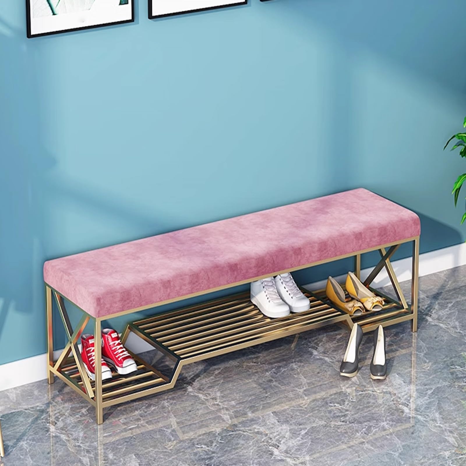 Étagère à chaussures avec banc rembourré pour un rangement d'entrée optimisé