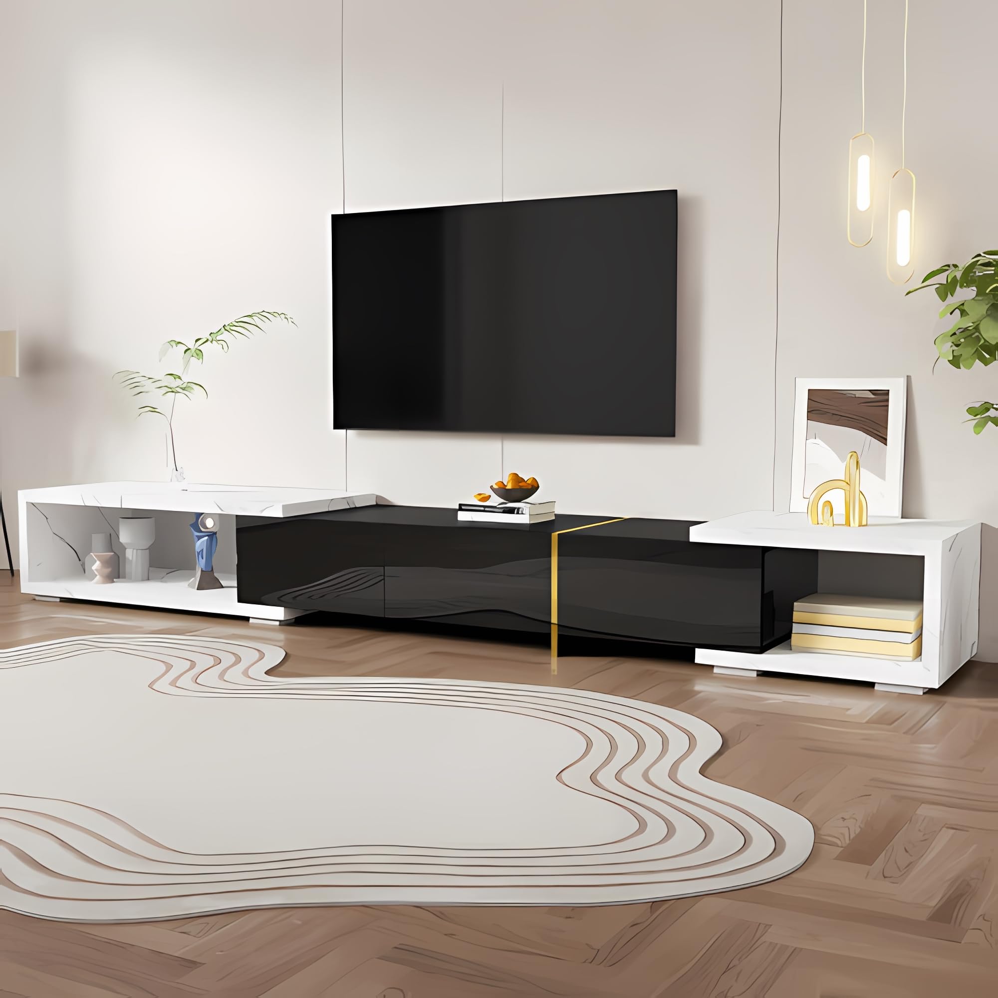 Mobile TV con lunghezza variabile (140 – 260 cm), finitura opaca, con funzione girevole, effetto marmo bianco, per soggiorno, camera da letto