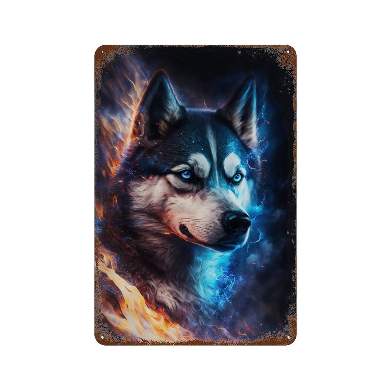 Flame & Ice Wolf Art Print Rust Effect Tin Sign 11.8"x7.9", Vintage Wall Decor for Bistro, Counter And Cafe Decor