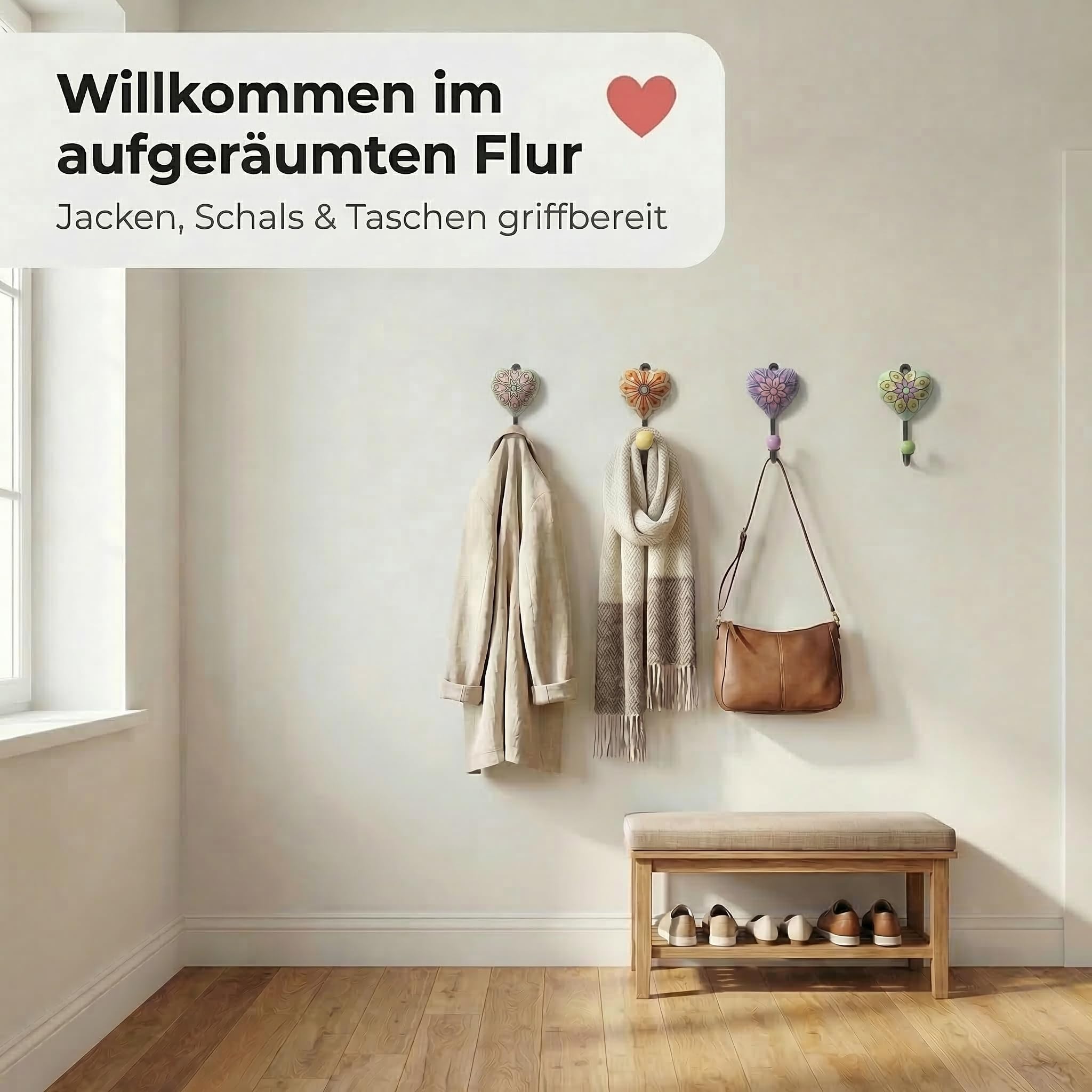 Wandhaken Herz aus Keramik und lackiertem Metall, handbemalt mit Blumenmuster, dekorative Garderobenhaken im Landhaus-/Boho-Look, kompakte Größe 13 x 7 x 3 cm, mehrfarbig, schwarz