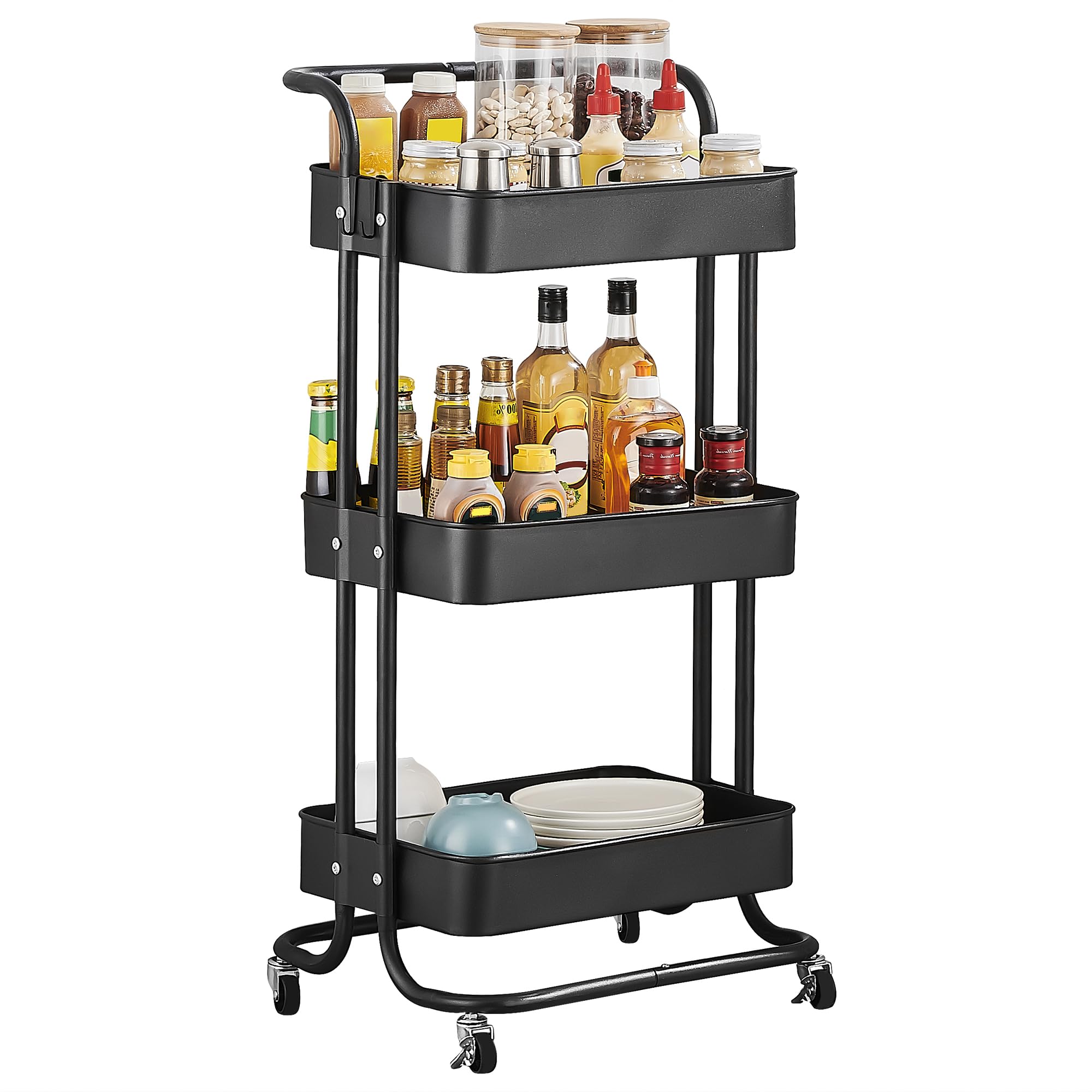 Chariot de Service Chariot de Cuisine Étagère de Cuisine, Chariot Multi-Usage Amovible, avec poignée et roulettes verrouillables, Convient pour la Salle de Bain et la Cuisine, Noir