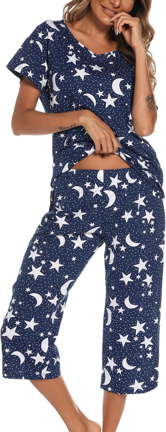 ENJOYNIGHT Womens Pajama Sets Cotton Pj Set Short Sleeve Top With Capri Pants Sleepwear 2 Piece Lounge Set - Image 3