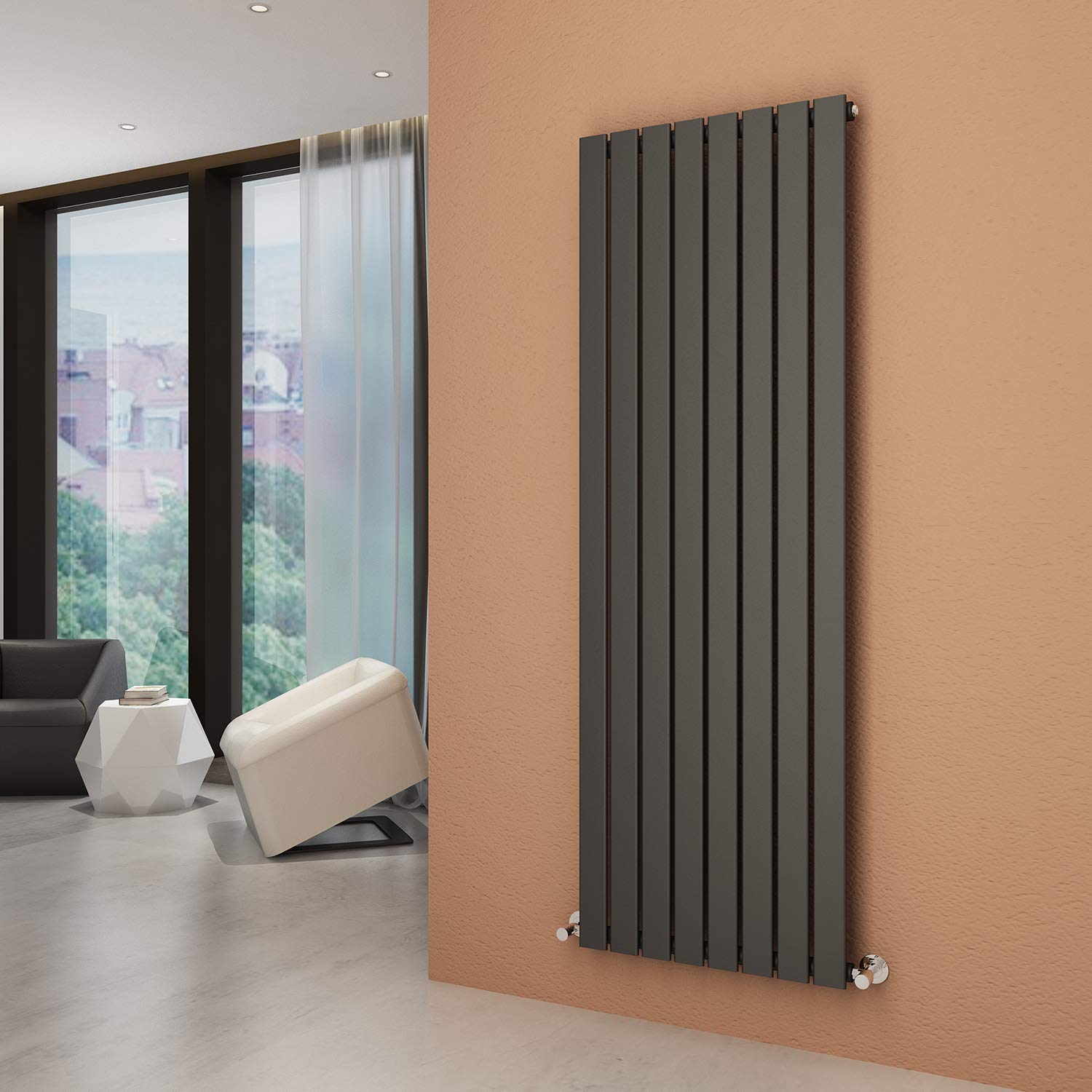 ELEGANT Vertical Column Designer Radiator Tall Upright Flat Panel 1800 x 608 mm Anthracite Single Radiators with Free Angled Valves