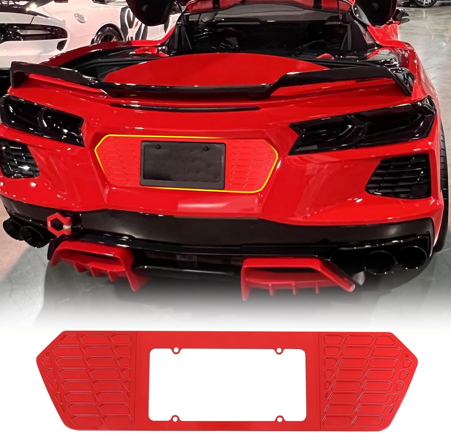 Rear License Frame Compatible with Chevrolet Corvette C8 2020-2026, Aluminum License Plate Frame Grill Vent Insert, License Plate Trim Base Accessories (Bright Black)
