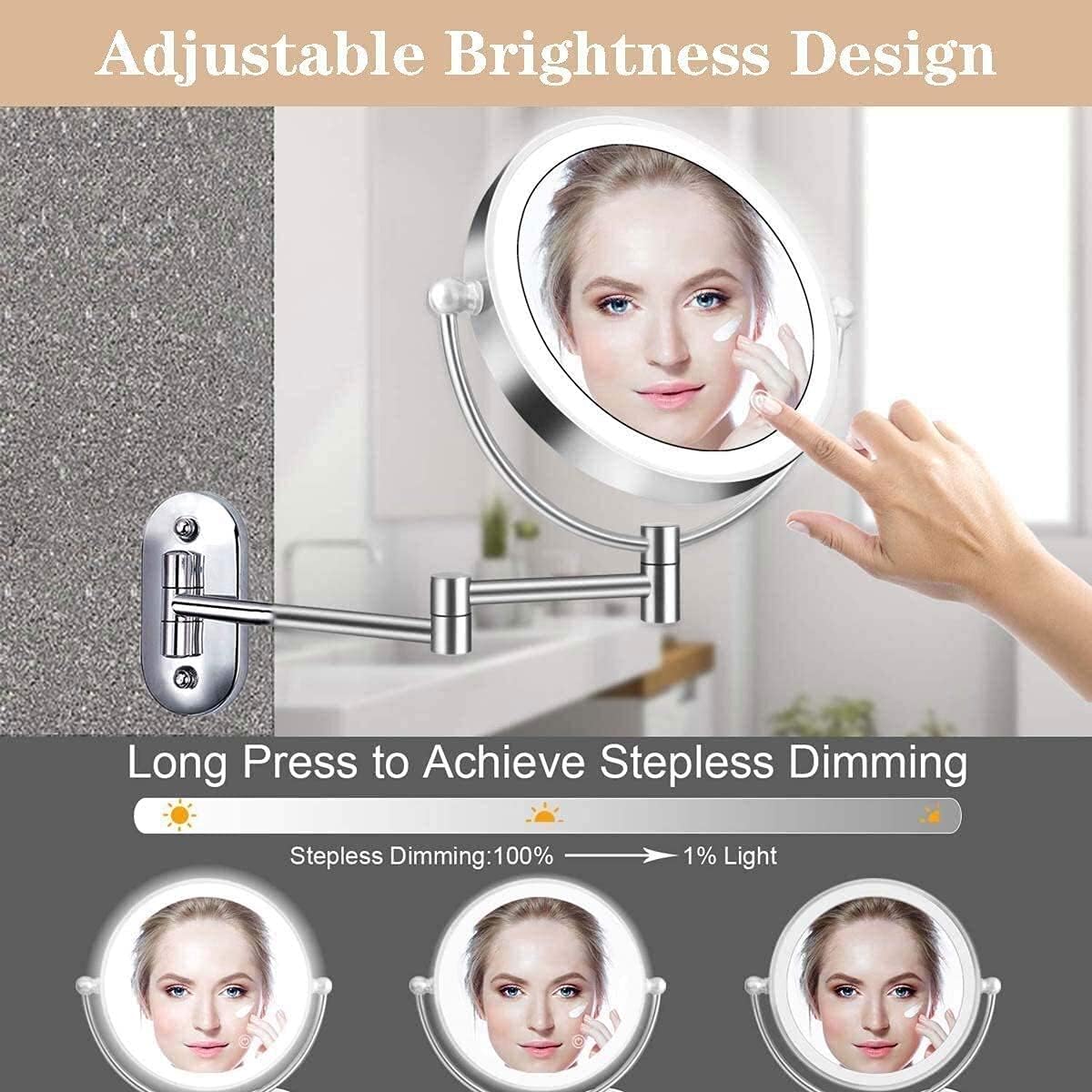 Makeup Mirror with Dimmable Lights Stainless Steel Magnifying Wall Bathroom Mirror Touch Screen 360deg