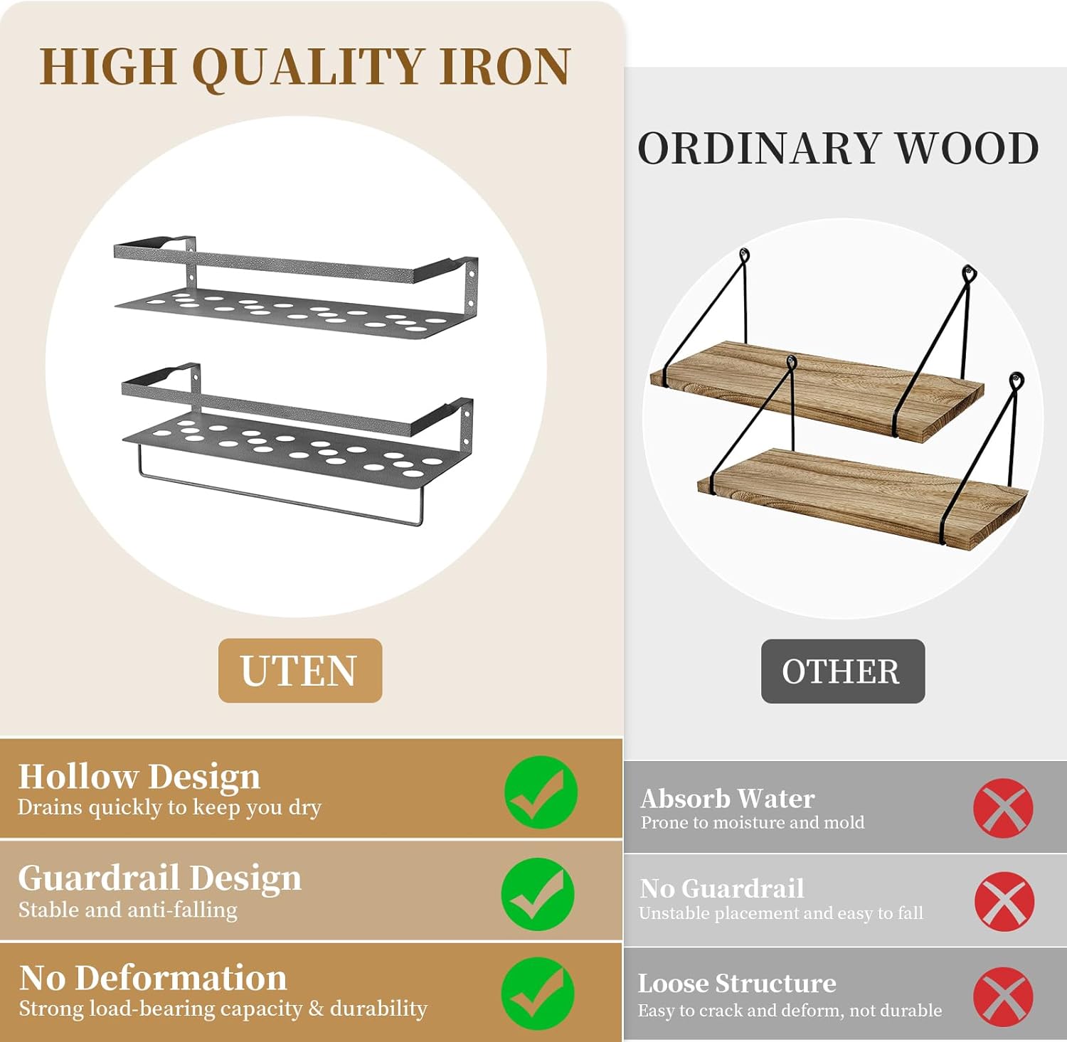 Uten Floating Shelves, Wall Mounted Iron Shelves Set of 2, Bathroom Storage Iron Shelves with Towel Rack, Wall Hanging Organizer Decor Shelf for Bathroom, Kitchen, Bedroom, Living Room