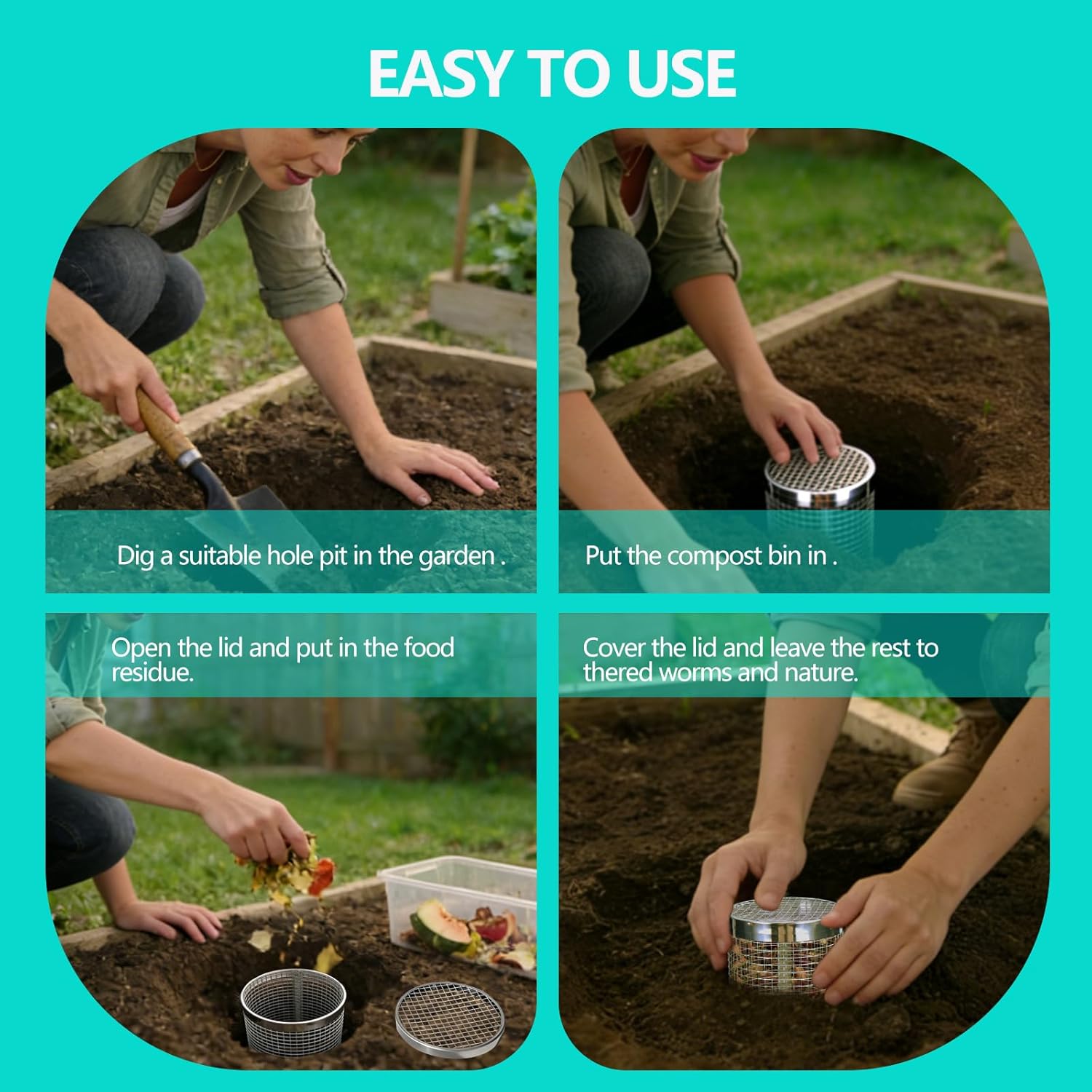 2 Pack Underground Worm Composting Bin with Gardening Gloves - Small Round Metal Stainless Steel Composter for Family Garden, Outdoor Compost Bins (2)