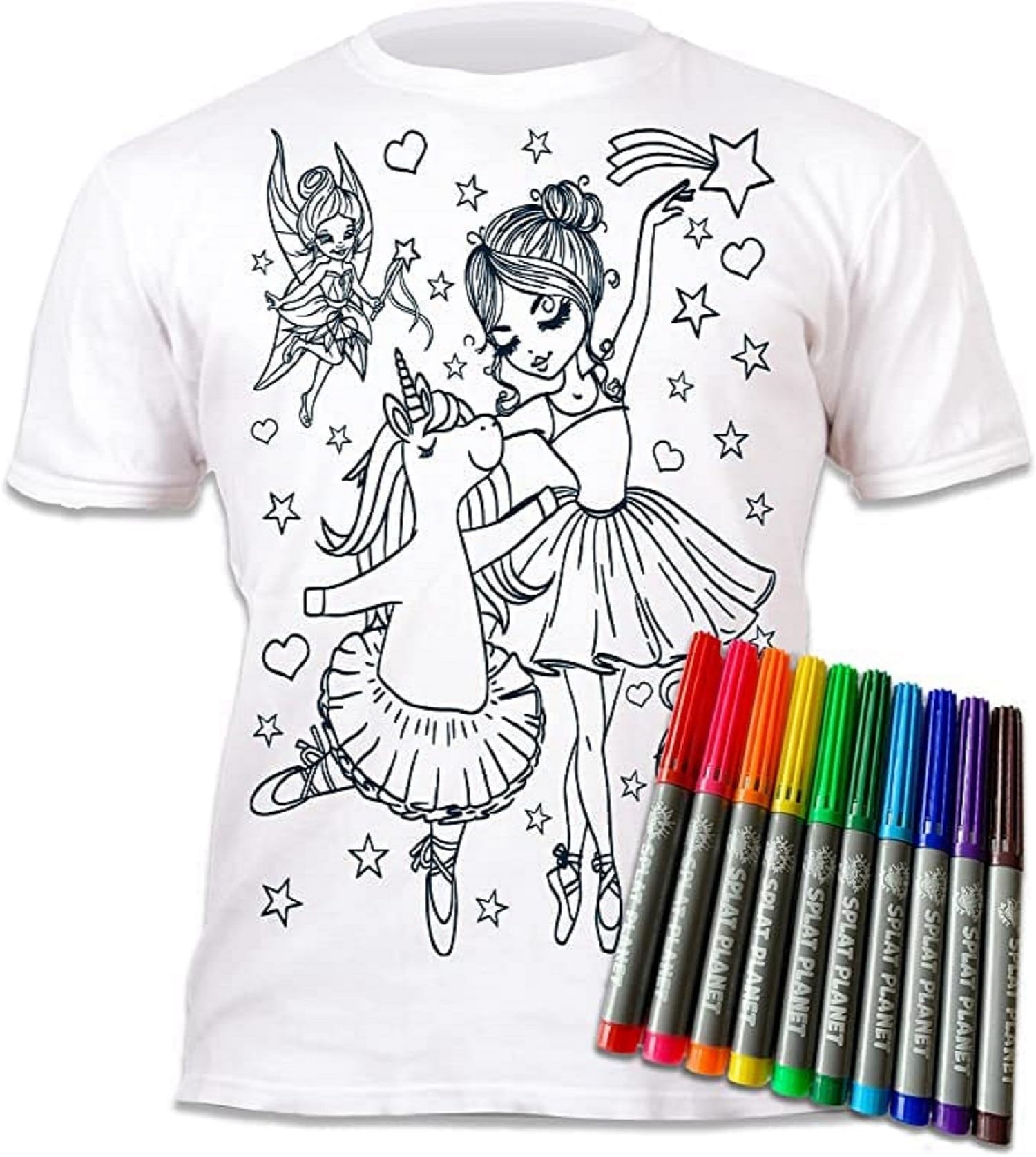 Unicorn Ballerina Coloring T-Shirt with 10 Washable Markers - Reusable Coloring T-Shirt for Kids, Birthday Gift